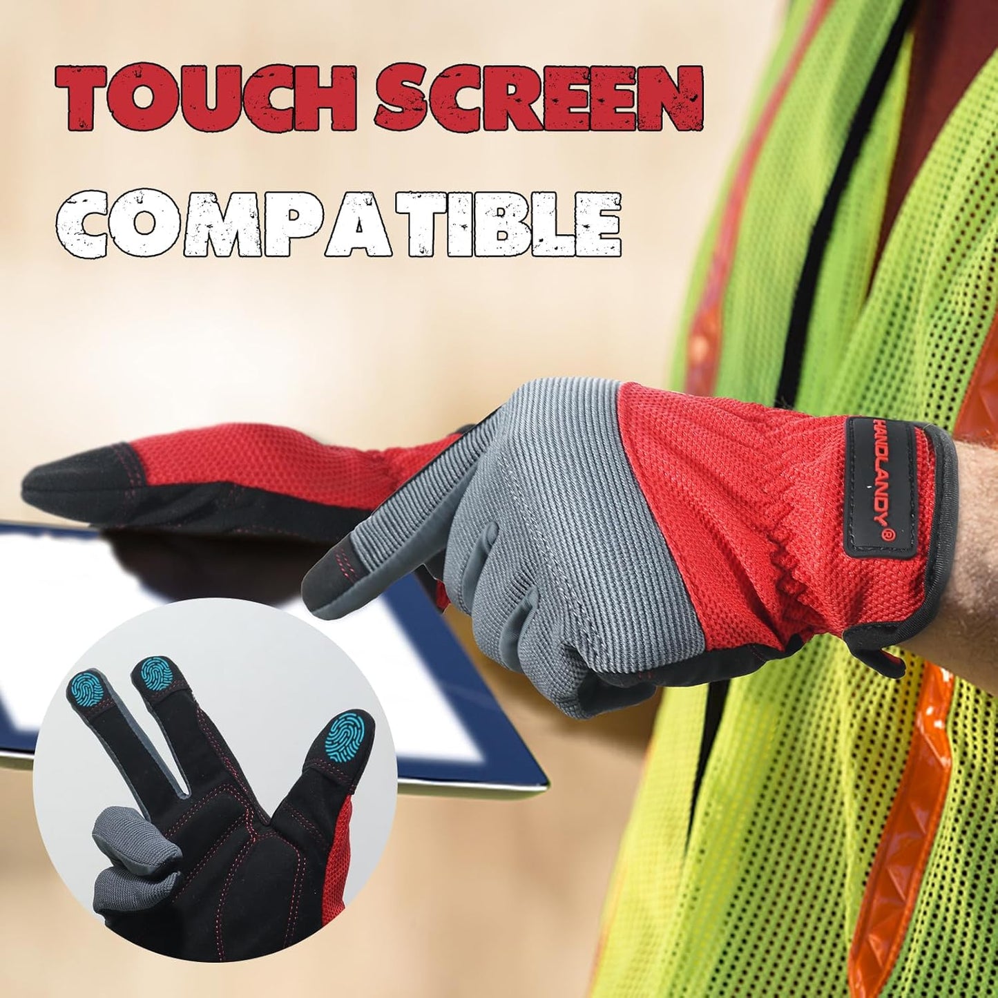 HANDLANDY Work Gloves for Men & Women, Utility Mechanic Working Gloves Touch Screen, Flexible Yard Work Gloves