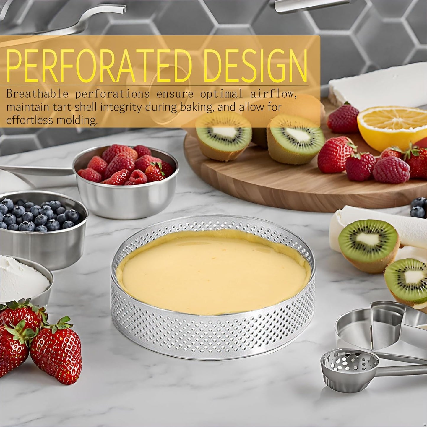 8Packs Perforated Tart Rings 4 Inch Stainless Steel Perforated Cake Rings, Round Tart Ring Molds for Cookies, fruit tarts, Prevent Soggy Crust & Even Baking