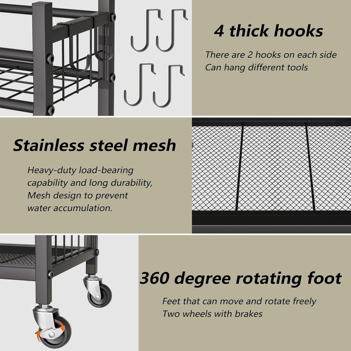 Garden Tool Organizer with Wheels for Garage and Shed, Spacious Tool Storage, Multi-Tier Design with Side Hooks for Rakes, Shovels, Brooms, and Yard Tools Rolling Cart