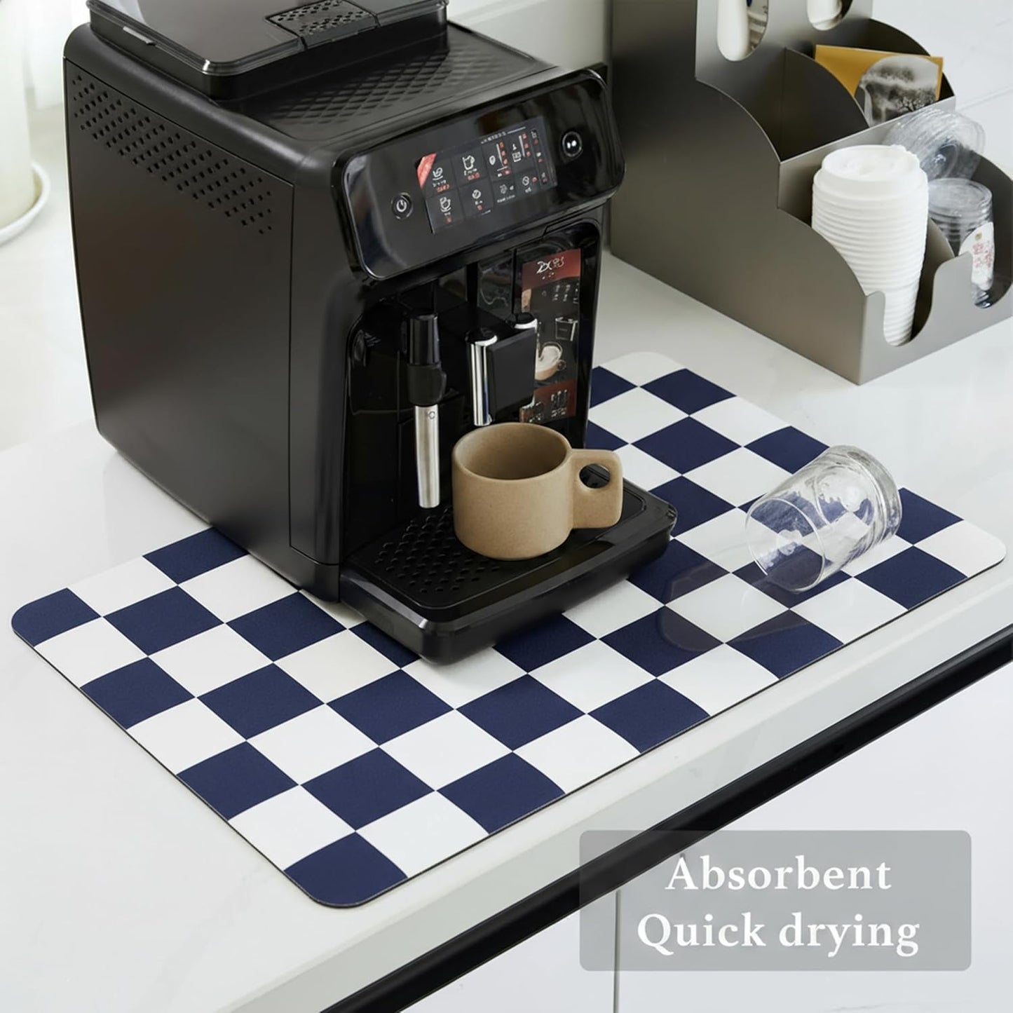 Checkered Dish Drying Mat for Kitchen Counter, Coffee Bar Station Accessories, Retro Cute Aesthetic Modern Absorbent Drainer Mat Kitchen Drying Mat Easy Clean (Navy Blue, 19" x 12")