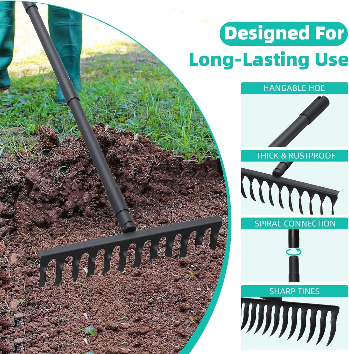 Bow Rake for Soil Leveling 60 Inch Heavy Duty Garden Tool with 12 Tines Adjustable Long Handle Thatch Rake for Gardening Loosening Soil Leveling Mulch Gathering Leaves, Black