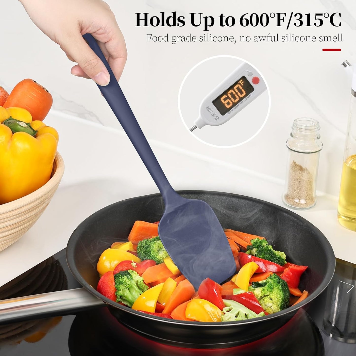 600ºF Heat Resistant Spatulas, High Heat Food Safe Semless Kitchen Silicone Scraper Set for Cooking Baking Mixing Scraping Stirring Nonstick Cookware Pan Bowl (4Pcs,Midniaht Blue)