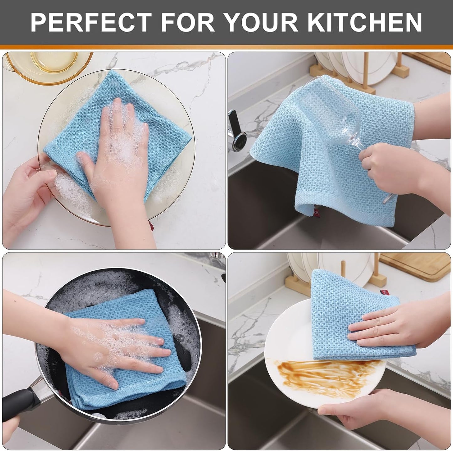 Kitinjoy 100% Cotton Kitchen Dish Cloths (12 X 12 Inches, Sky Blue),12 Pack Waffle Weave Ultra Soft Absorbent Dish Towels for Drying Dishes Quick Drying Kitchen Towels Dish Rags