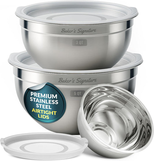 Baker's Signature Stainless Steel Mixing Bowls With Lid, Metal Mixing Bowl Set Of 3, Nesting Set For Food Prep, Baking,Storage, Cooking, Serving | Dishwasher Safe, Silver, 1.5/3/5 Qt