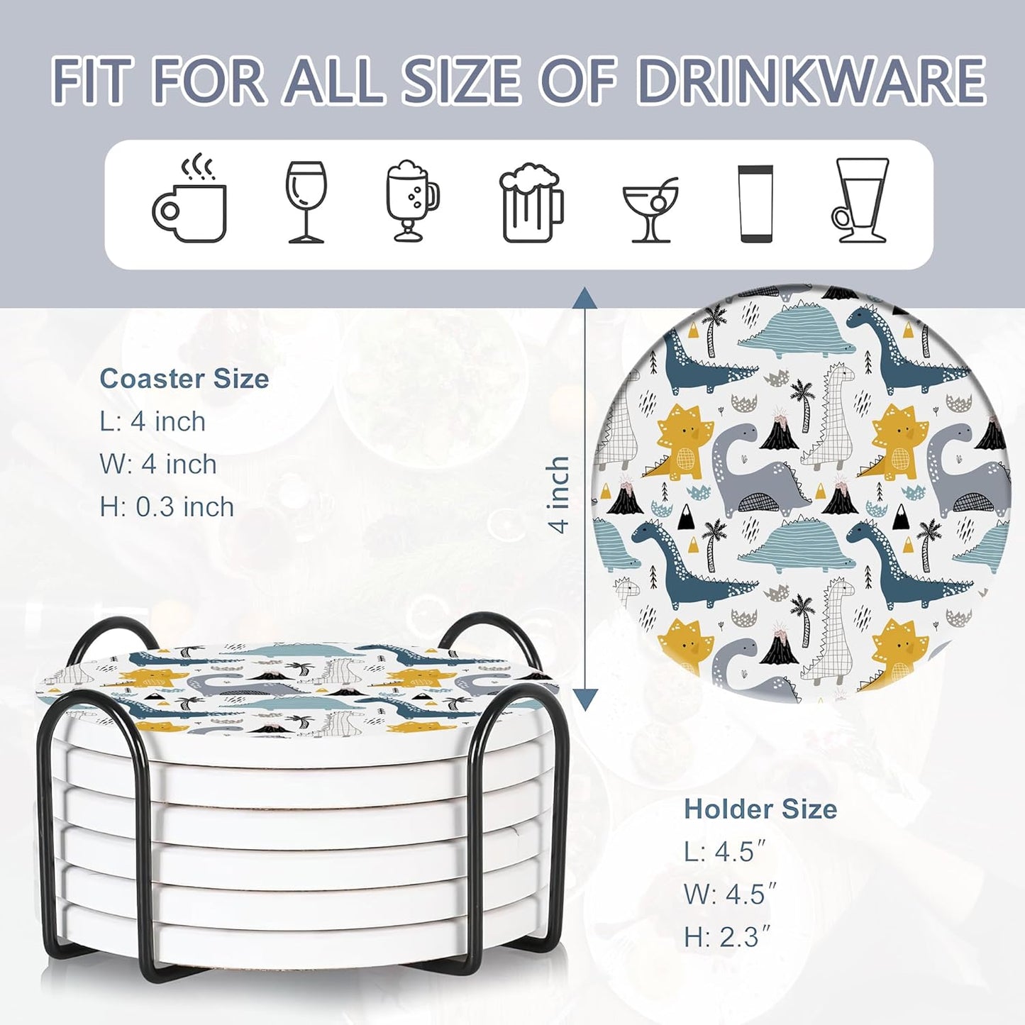 Drink Coasters Set of 6 with Holder, Dinosaur Absorbent Ceramic Drink Coaster for Tabletop Protection,Suitable for Kinds of Cups,Drinks Coasters for Home Office Decoration(4 Inches)