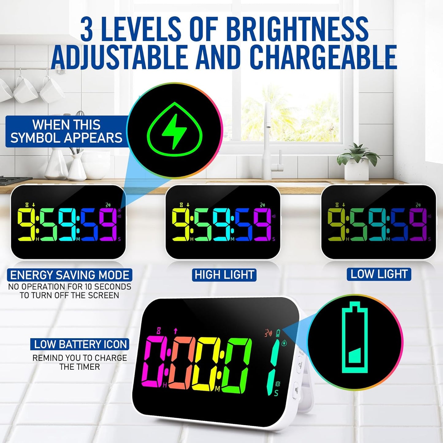 Kitchen Timer （1.5" Number） 10 RGB Color Changing Digital Magnetic Timer, Countdown/Up, Rechargeabilit, 3 Brightness Display, 3 Volume Levels and Vibration Mode, for Classroom, Study, Fitness