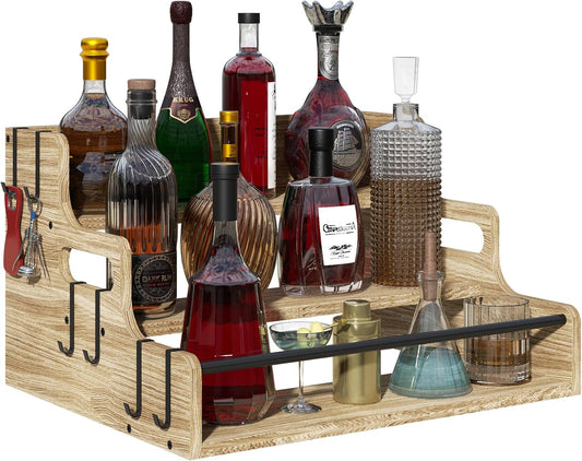 3-Tier Liquor Bottle Display Shelf, Bar Stand for Whiskey, Spirits, Coffee Syrup Rack Organizer, Countertop Wine Rack for Home, Mini Coffee Bar, Small Liquor Cabinet and Kitchen Light Brown