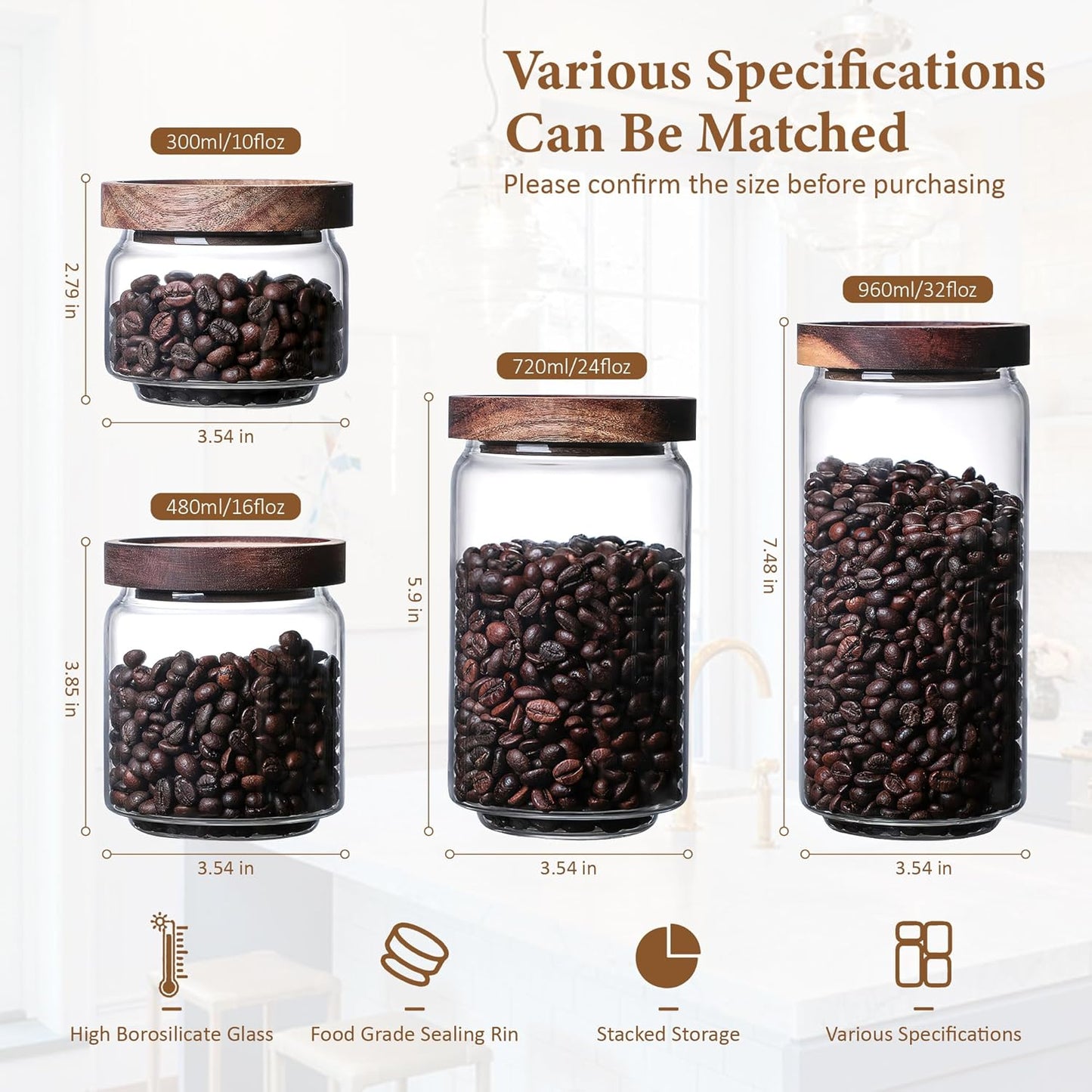 300ML/10Oz Clear Cute Glass Storage Canister Holder with Stackable Airtight Wood Lid, Modern Decorative Small Container Jar for Coffee, Spice, Candy, Salt, Cookie, Condiment, Pepper, Sugar