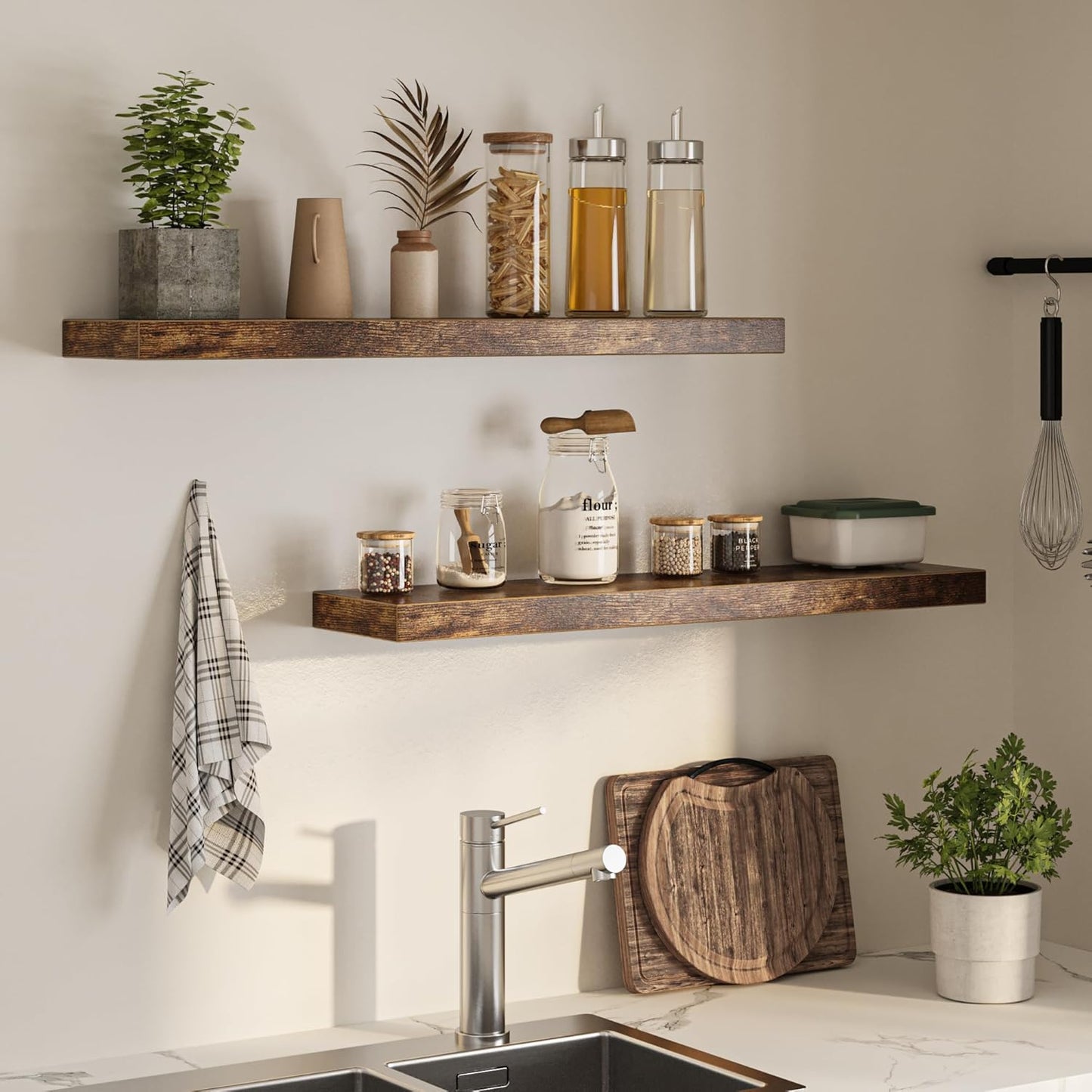 Floating Shelves for Wall, 40"W x 8"D x 1.5"H, Wooden Wall Mounted Display Shelves with Invisible Brackets for Living Room, Bedroom, Bathroom, Kitchen Decor and Storage, Set of 2, Rustic Brown