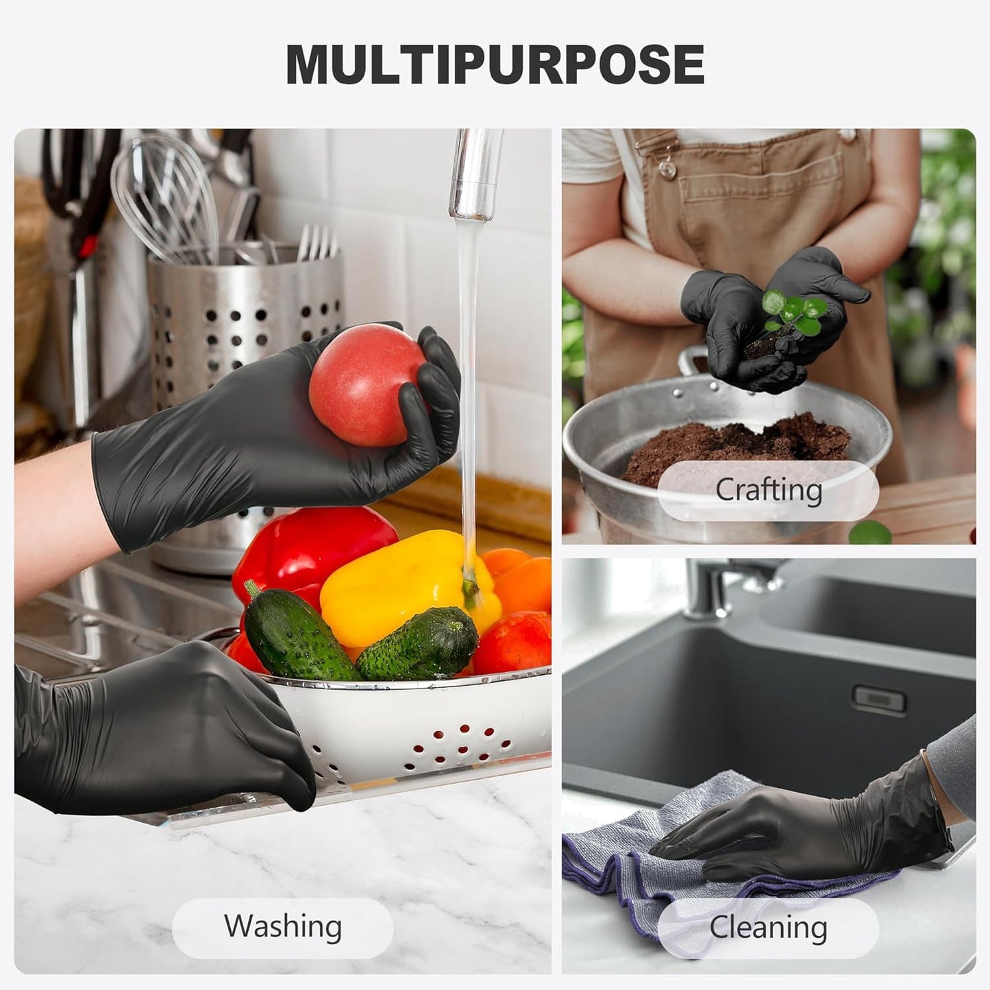 Black Vinyl Gloves, Food Grade Gloves Disposable Latex Free & Powder Free, Guantes for Cleaning Cooking Food Prep