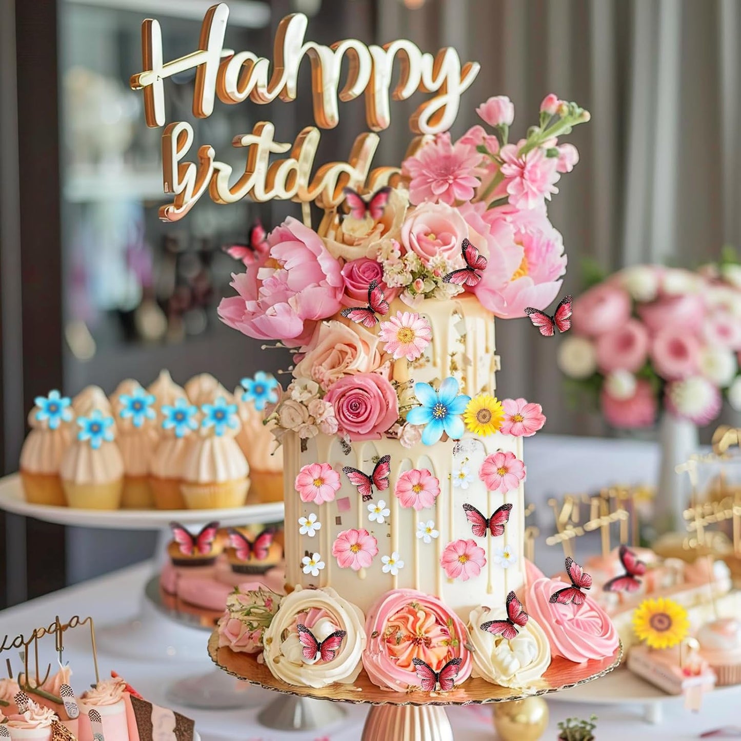 55 Pcs Edible Flowers & Butterflies Cake Decorations - Cupcake Toppers for Wedding, Birthday Party Food (Mixed Size & Colour)