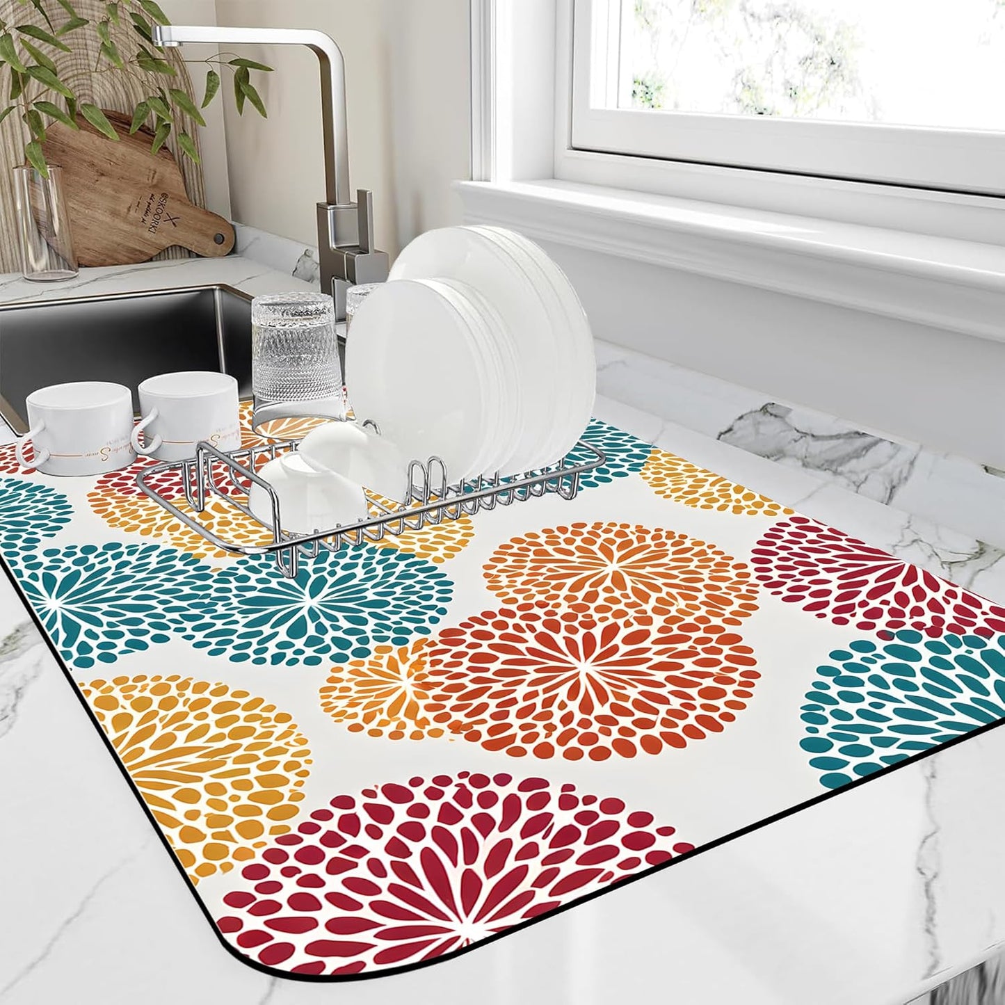 Abstract Floral Elements Dish Drying Mat Artifical Floral Kitchen Mat 12"x19" Bsorbent Coffee Maker Mat for Dishes,Utensils Coffee Maker Pots and Pans Easy Clean Dish Slip Resistant Pad