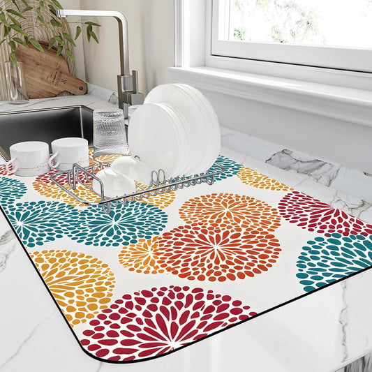 Abstract Floral Elements Dish Drying Mat Artifical Floral Kitchen Mat 12"x19" Bsorbent Coffee Maker Mat for Dishes,Utensils Coffee Maker Pots and Pans Easy Clean Dish Slip Resistant Pad