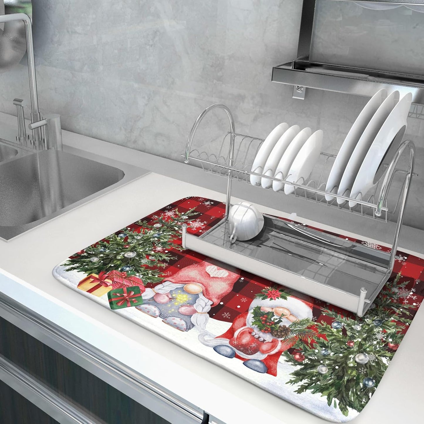 Winter Gnome Dish Drying Mat 18x24 inch Christmas Elf Trees Snowflakes Dish Drainer Mats Large Black Red Buffalo Plaids Fast Drying Absorbent Dish Drying Pad for Kitchen Countertop Holiday Decor