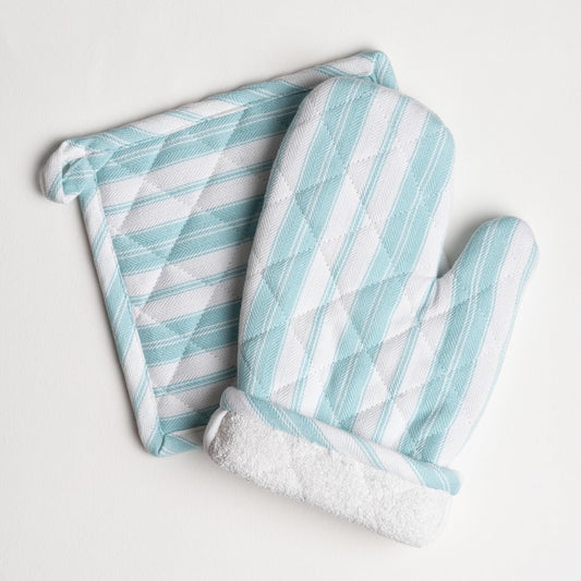 Oven Mitt & Potholder Set - Durable Heat Resistant Gloves - Thick Mittens for Kitchen - Suitable for Cooking, Baking, Grilling – BBQ - 1 Oven Mitts & 1 Potholders – Light Blue Stripes - Casa De Lan