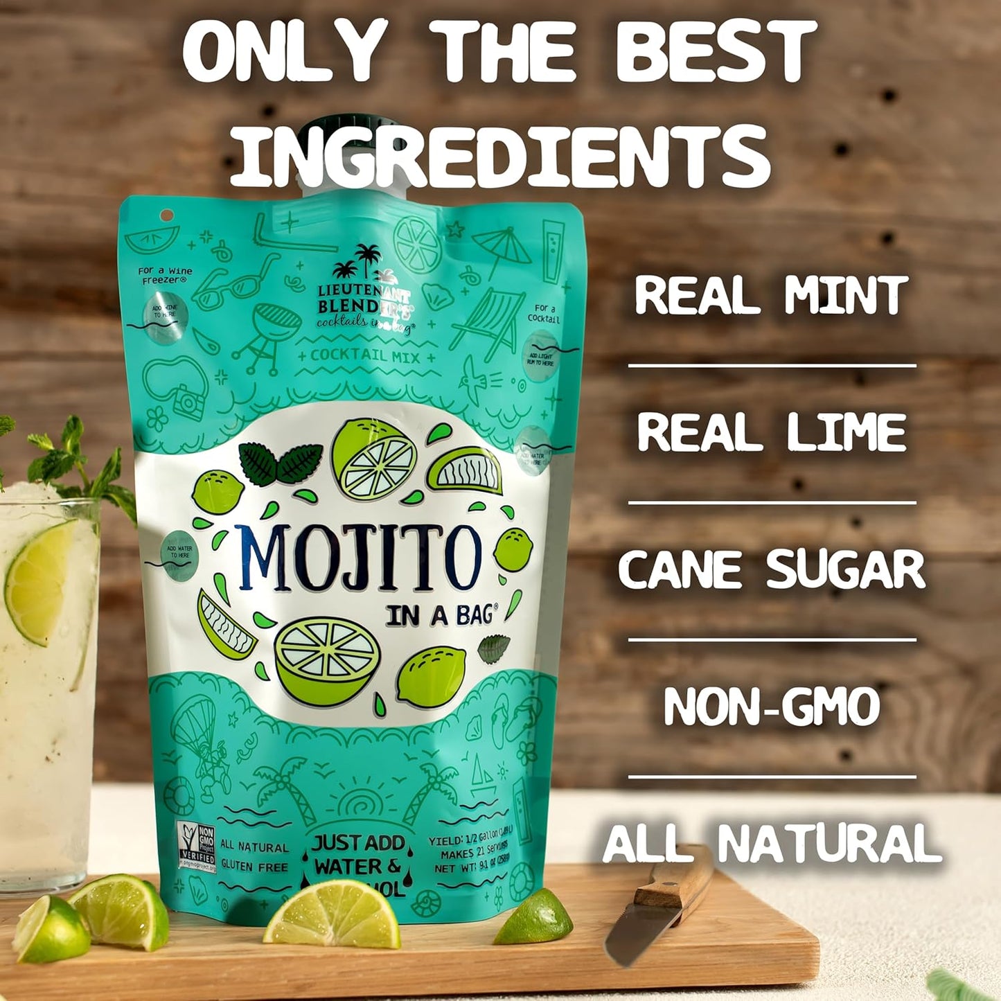 Lt. Blender's Mojito in a Bag - Each Bag Makes 1/2 Gallon of Frozen Mojito Mix – Non-GMO Cocktail Mix for Slushies – Make a Cocktail, Wine Slushie or Mocktail - (Pack of 4)