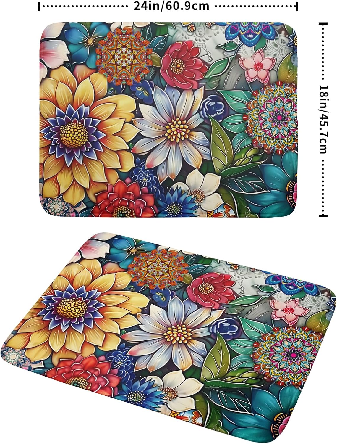 Boho Floral Dish Drying Mat for Kitchen Counter 18x24 Inch Super Absorbent Microfiber Kitchen Drying Mat Bohemian Flower Dish Drainer Rack Mat Reusable Washable Dish Drying Pad for Kitchen Coffee Bar