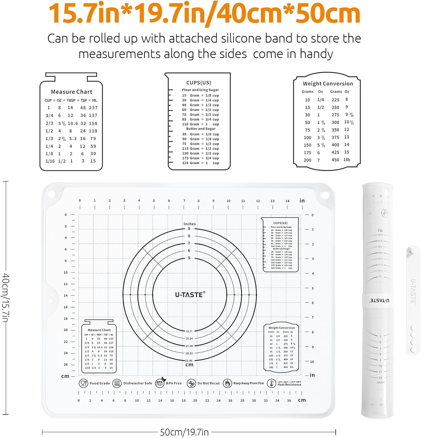 U-Taste Liquid Silicone Pastry Mat: 16"x20" Food-Grade Non-Stick Dough Rolling Baking Sheet, Non Slip for Kneading Prep Pizza, Fondant, Pie Crust with Clear Measurement and Raised Edges (Transparent)