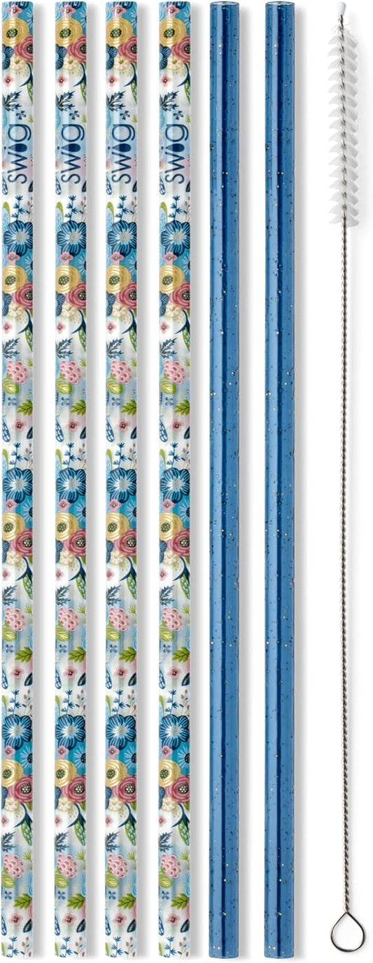 Swig Life Reusable Straws Bella Rosa + Navy Glitter Tall Straw Set & Cleaning Brush, Each Straw is 10.25 inch Long (Fits Swig Life 20oz Tumblers, 22oz, and 32oz Tumblers)