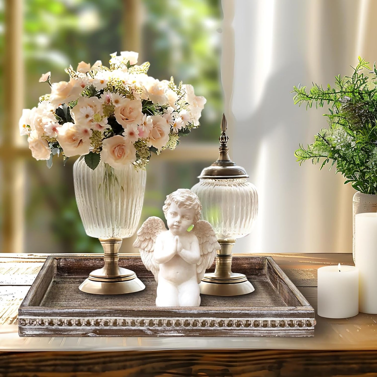 Wooden Decorative Tray, Rectangular Serving Tray with Wood Bead, Farmhouse Big Tray for Ottoman, Countertop, Coffee Tabl, 16.5" x 13"x 1.6" (Retro Brown)