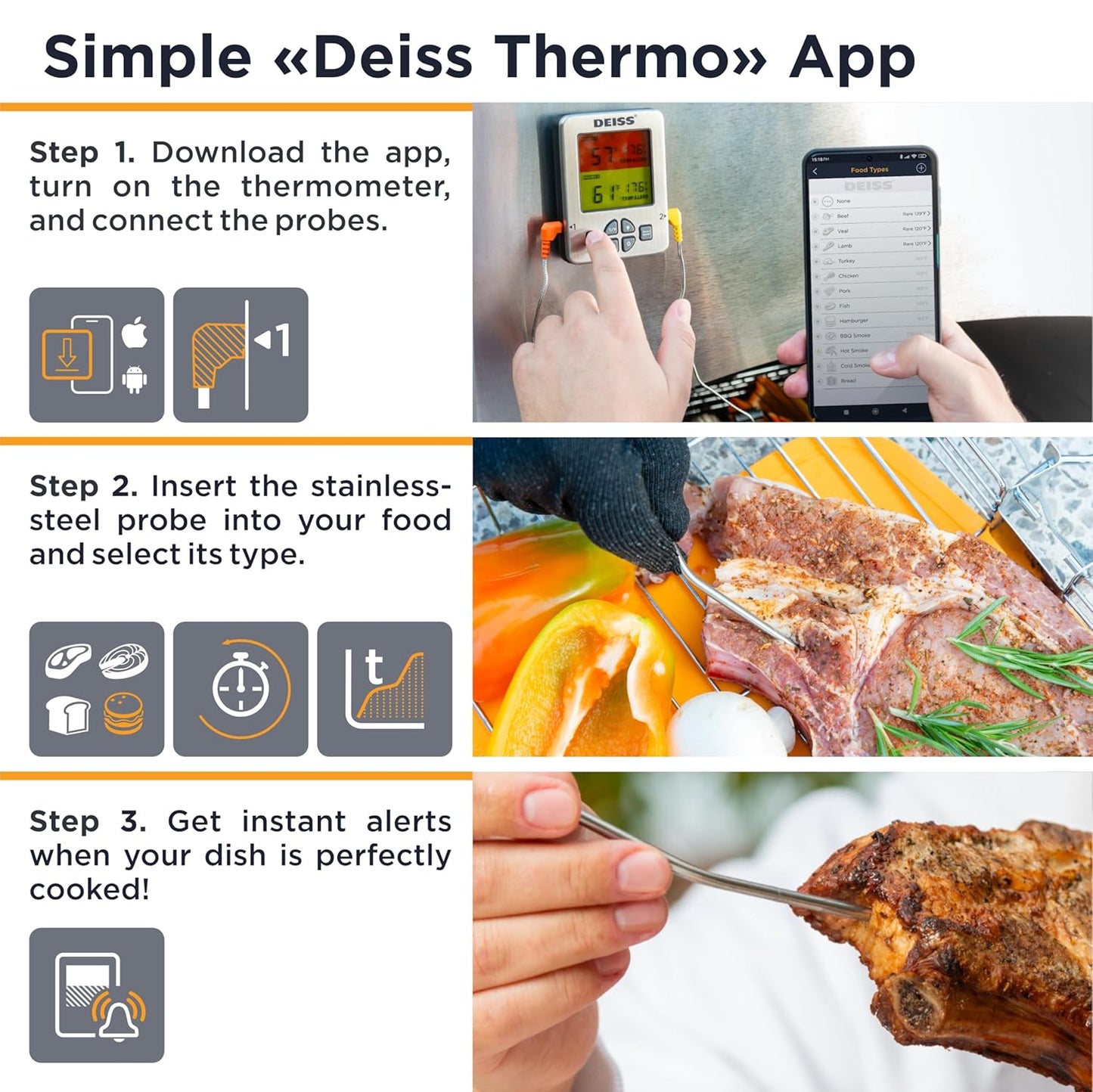 Deiss PRO Bluetooth Meat Thermometer Wireless – Digital Cooking Thermometer with 2 Probes, Oven Thermometer for Smoker Grill BBQ, Wireless Meat Thermometer for Grilling, Kitchen Food