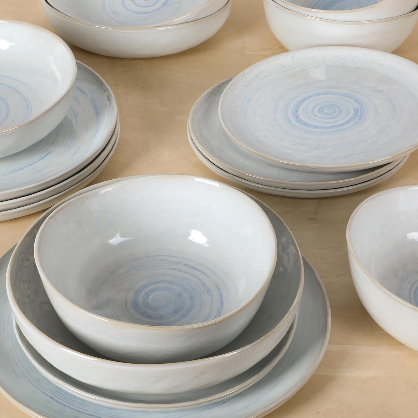 Gibson Elite Auckland Blue Swirl Stoneware Reactive Glaze 16 Piece (Service for 4) Plates and Bowls Dinnerware Set