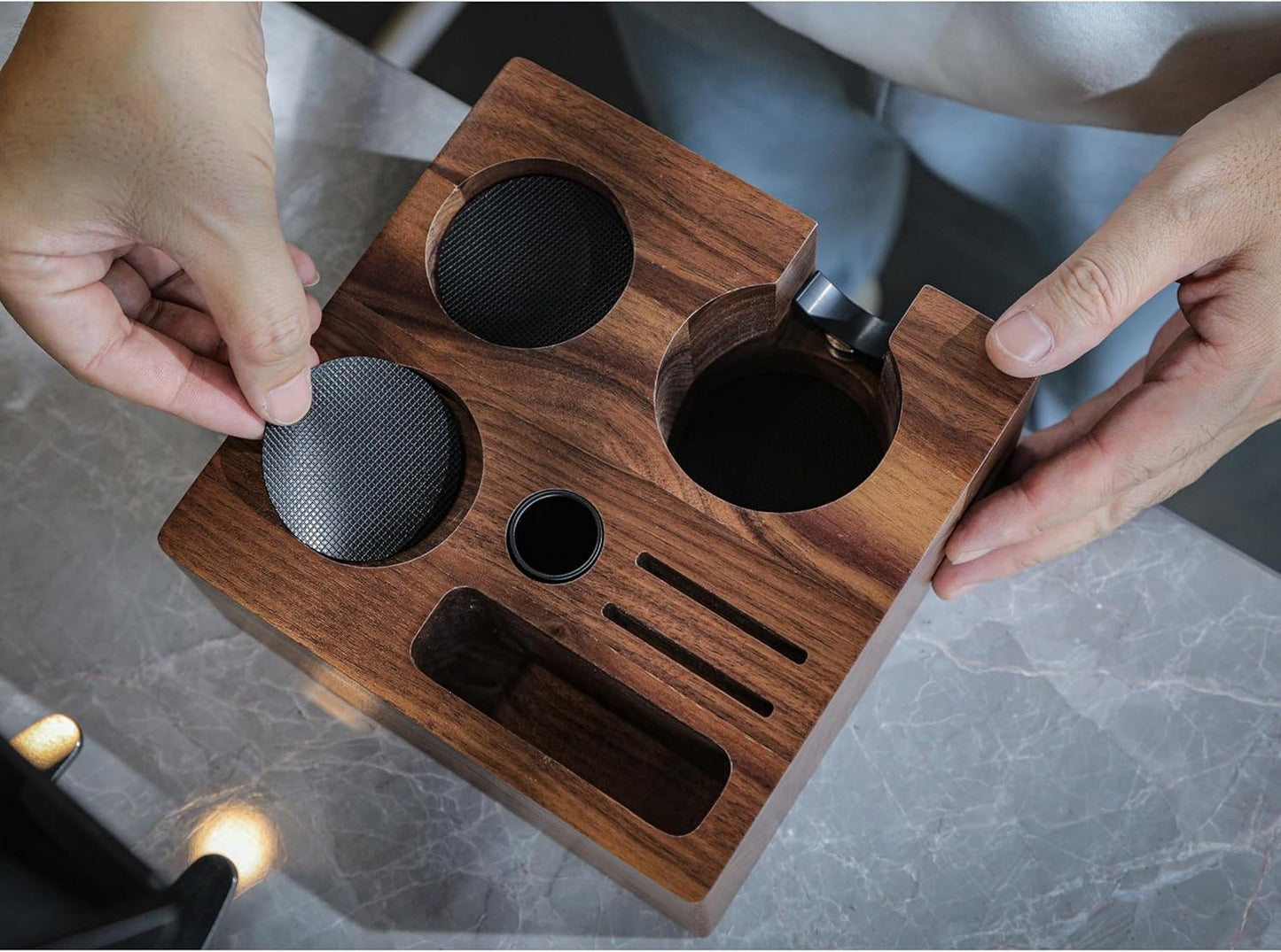 58mm Tamper Station V3 Walnut Portafilter Holder Compact Espresso Organizer with Multi Accessory Storage Espresso Machine Accessories for Coffee Bar