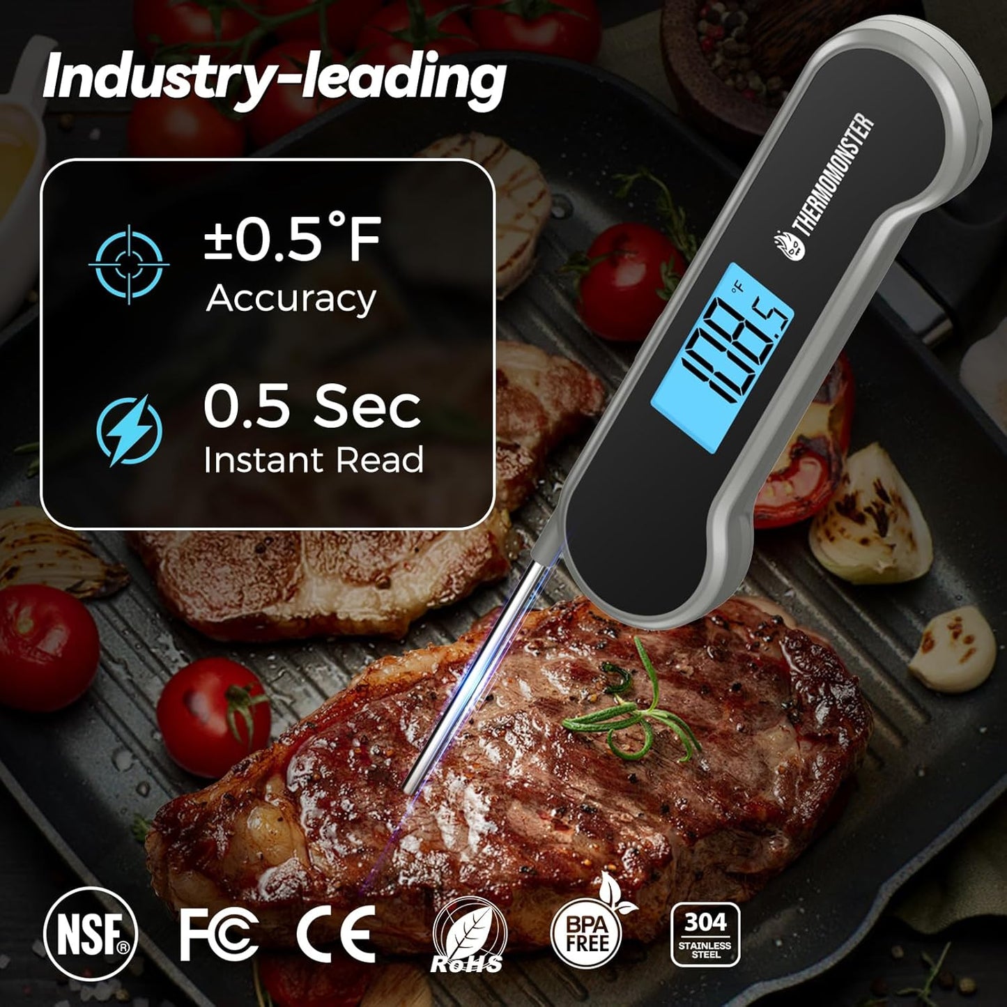 0.5 Sec Instant Read Meat Thermometer Digital with ±0.5℉ Precision, 100% Waterproof Auto Flip Bright LCD Screen, Motion Sensing Food Thermometer for Cooking Kitchen Oven Grill Candy BBQ, Grey