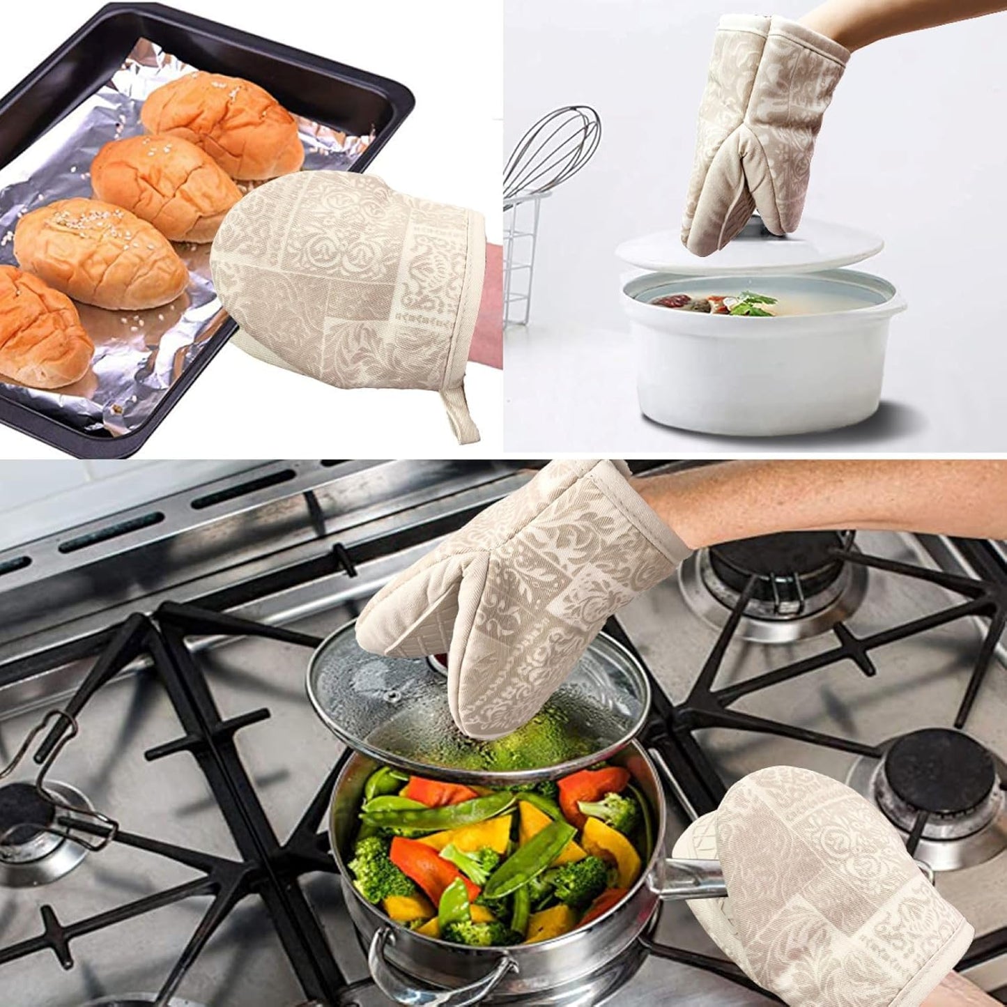 Mini Silicone Oven Mitts, Heat and Slip Resistant Kitchen Mittens 2-Pack Set, Khaki Patchwork Flower Soft Short Oven Gloves, Flexible Thick Pot Holders for Safe Cooking Baking & Grill (Khaki)