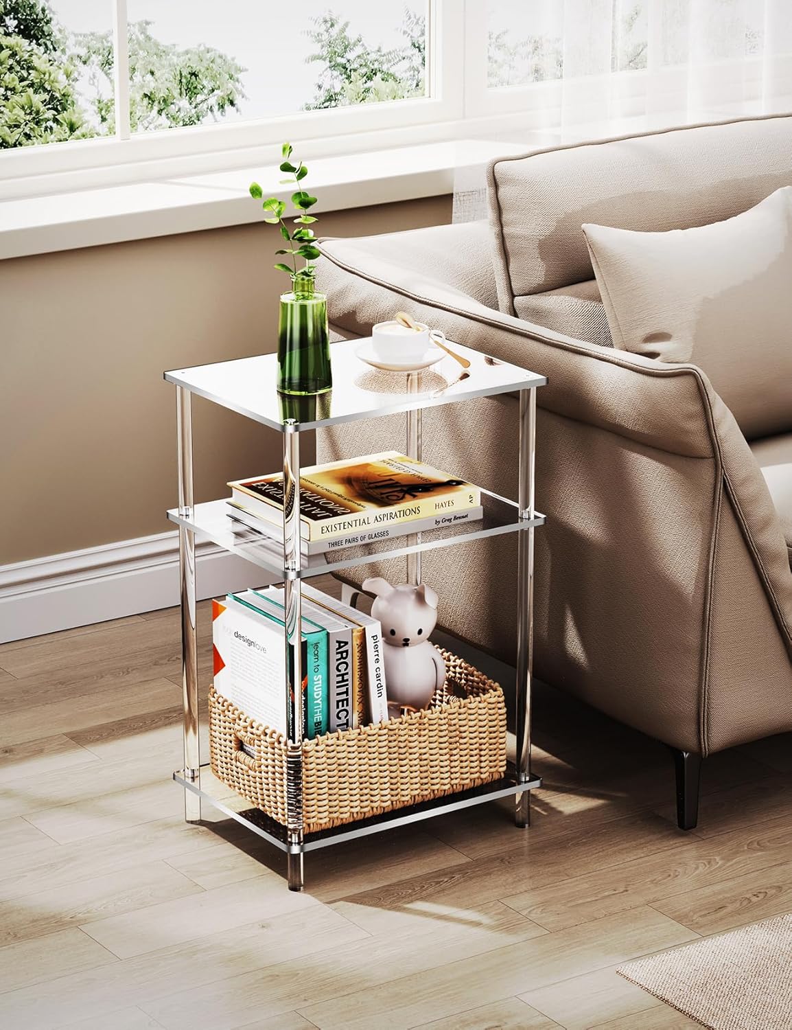 Acrylic Side Table Clear 3-Tier End Table for Living Room, Office, Hallway, Bedroom Small Bedside Table (8mm Thick Shelves)
