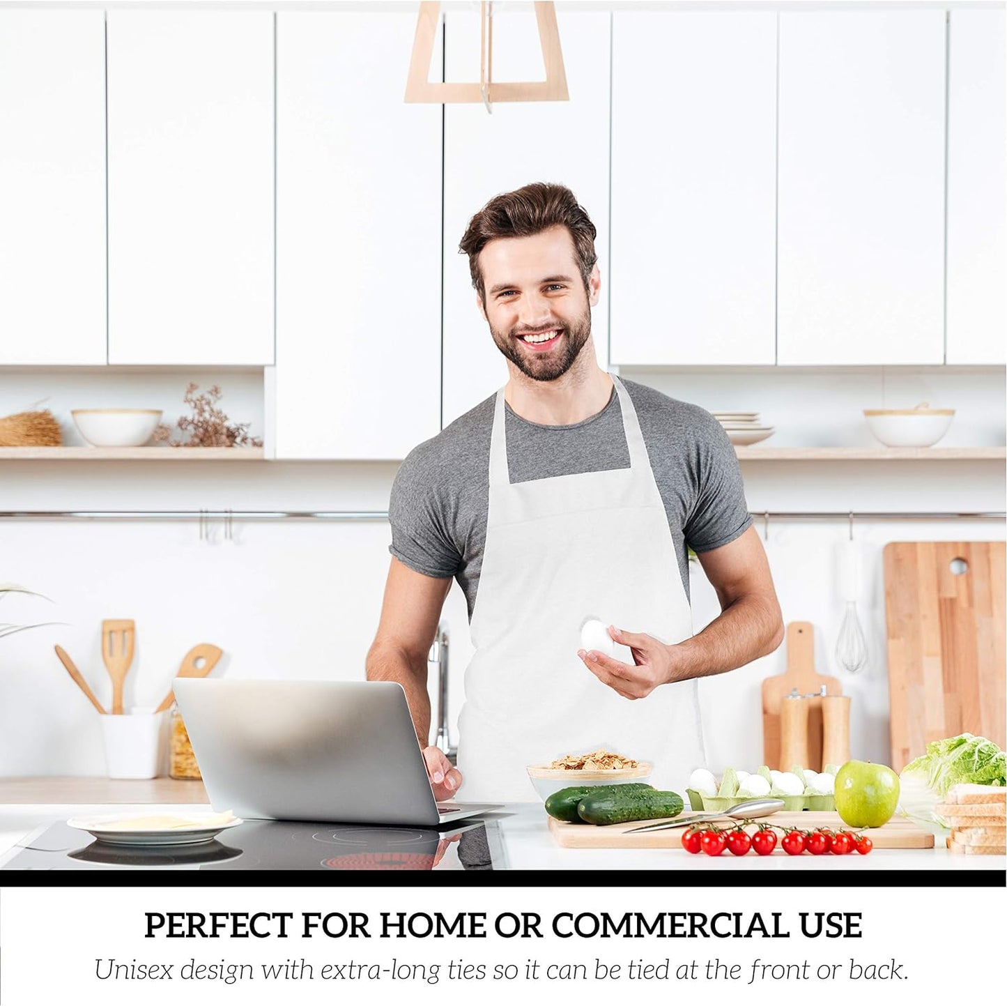 GREEN LIFESTYLE 12 Pack Bib Apron - Unisex White Aprons, Machine Washable Aprons for Men and Women, Kitchen Cooking BBQ Aprons Bulk (Pack of 12, No Pockets, White)