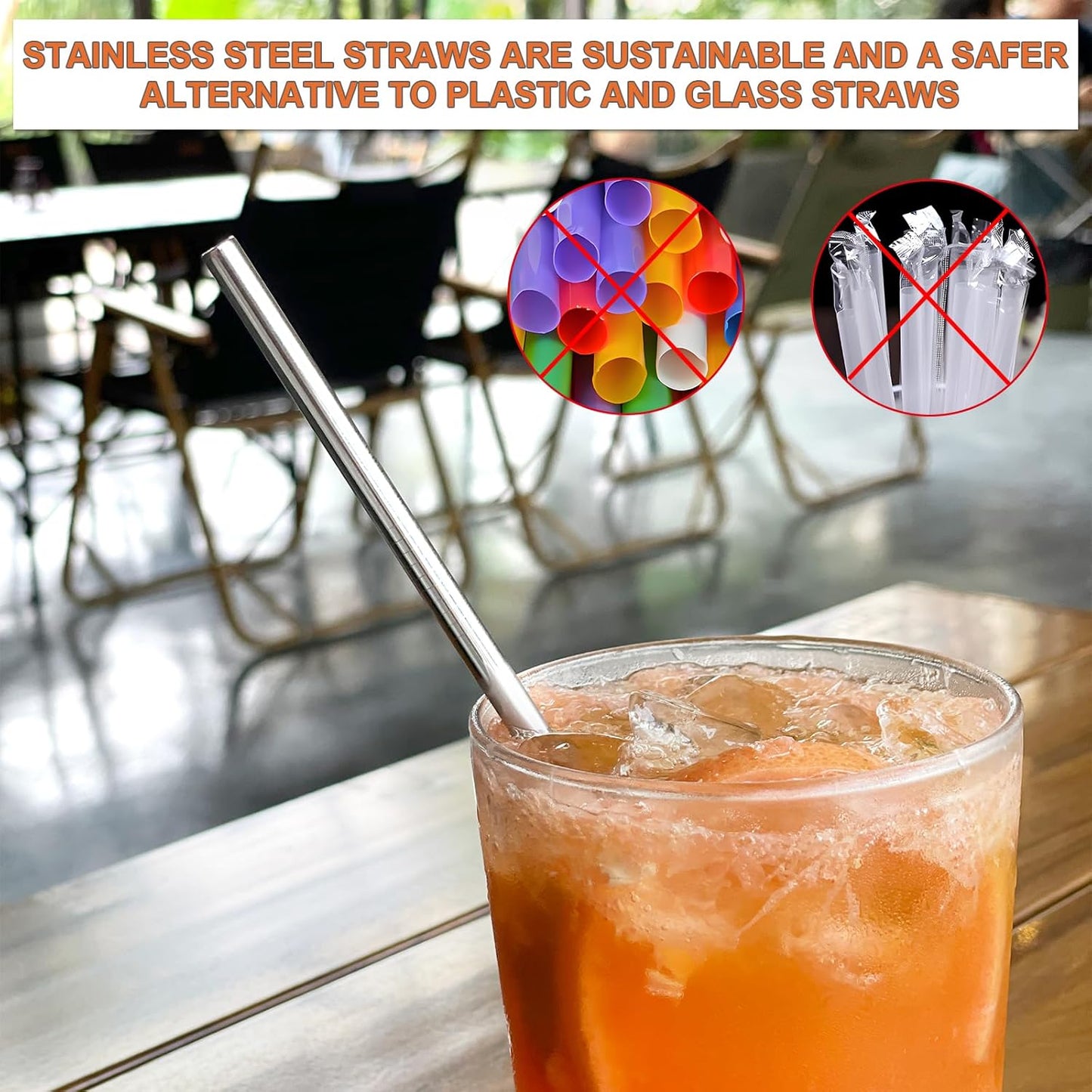 Stainless Steel Straws Metal Reusable Drinking Straw for Juice Iced Coffee Cold Beverage Water Highball Glasses 20oz Tumblers Mugs Cups, 0.24" 6mm Wide 215mm Long, Set of 8 with Brush, Silver
