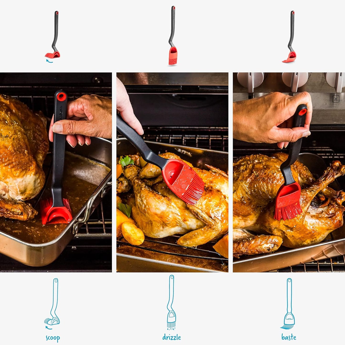 Dreamfarm Brizzle 3-In-1 Flexible Silicone Sit-Up Basting, Drizzle, Scooping Brush with In-Built Sauce Resevoir - Red