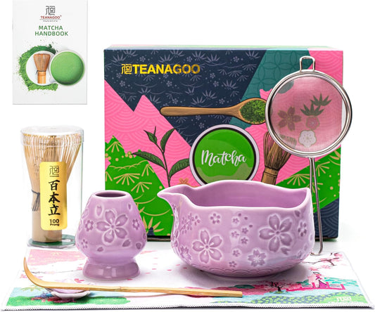 TEANAGOO 7-PCS Purple Matcha Whisk Set with Cherry Blossom Design, Complete Ceremony Kit, Ceramic Chawan Bowl with Spout, Whisk & Accessories, Traditional Matcha Tea Set for Lattes& Gift Giving