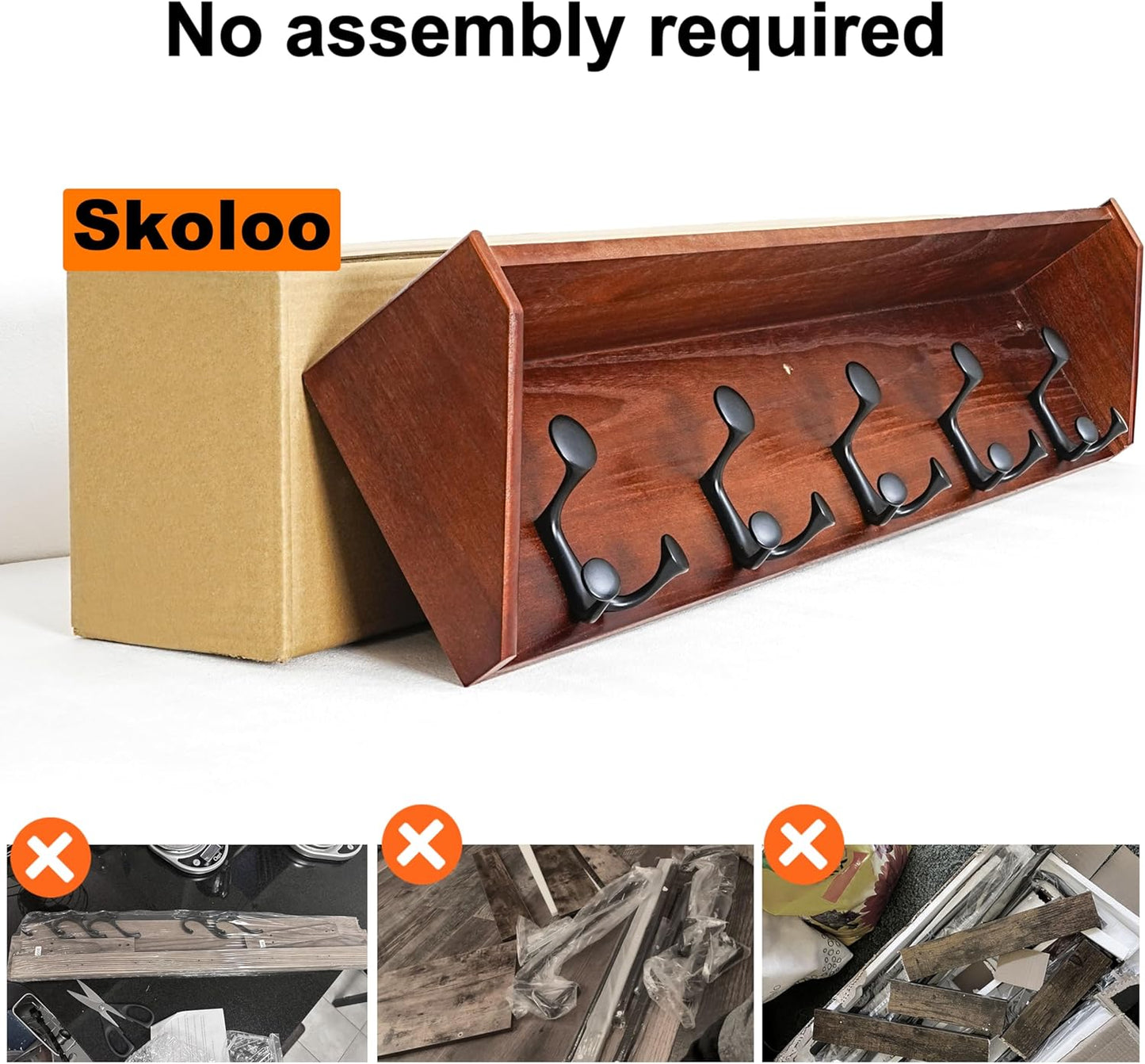 SKOLOO Wall Shelf with Hooks, 24-Inch Cherry Coat Rack Wall Mount with Shelf Organizer - Lightweight & Sturdy, 5 Tri Hooks - Perfect for Entryway, Hallway, Living Room, Bedroom, Mudroom