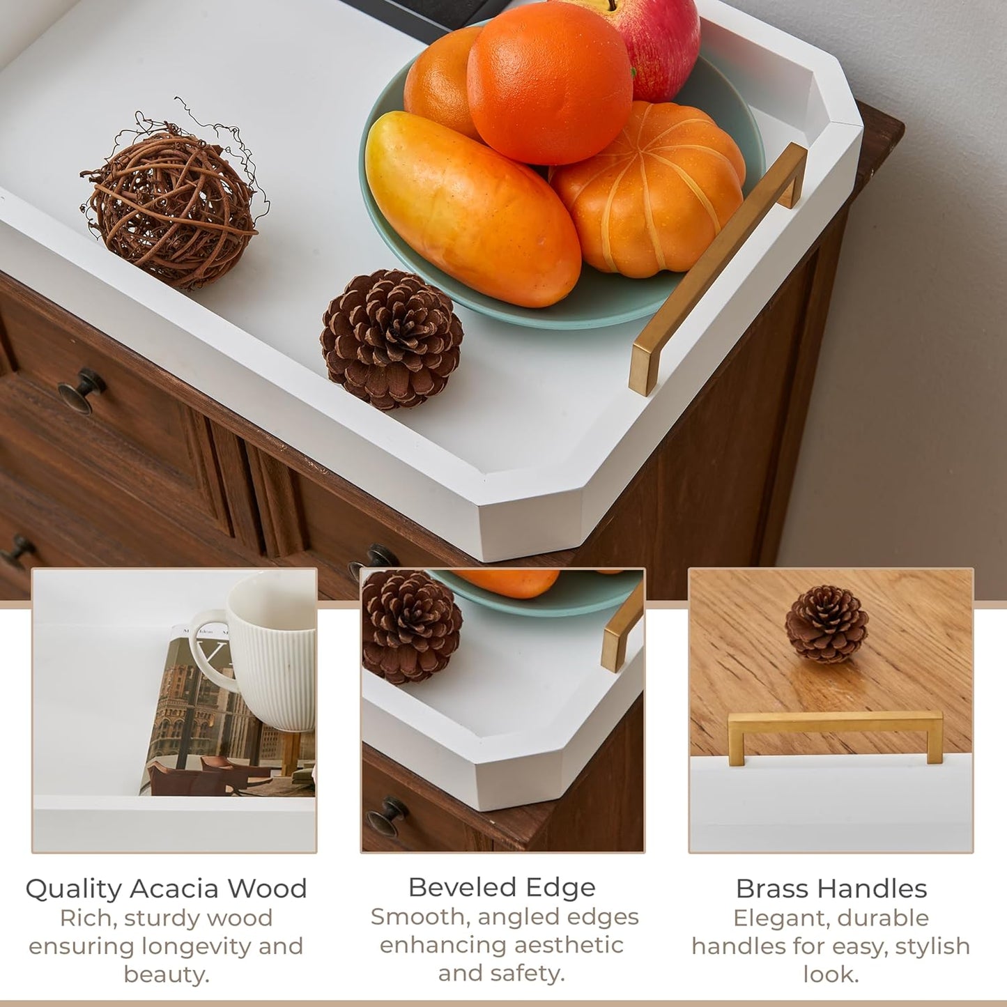 Decorative Acacia Wood Ottoman Tray - Coffee Table Tray - Breakfast, Party, Drinks, Snack, Liquor Serving Platter - Farmhouse to Modern - Brass Handles (Moonlight White)