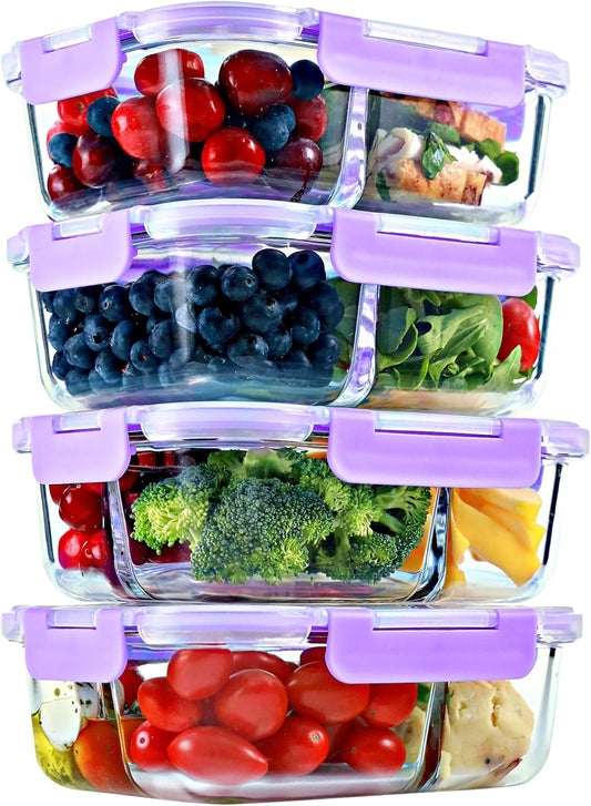 2 & 3 Compartment Glass Meal Prep Containers (4 Pack, 32 oz) - Glass Food Storage Containers with Lids, Bento Box, Portion Control, Airtight, Oven & Freezer safe, Food Container, Lavender