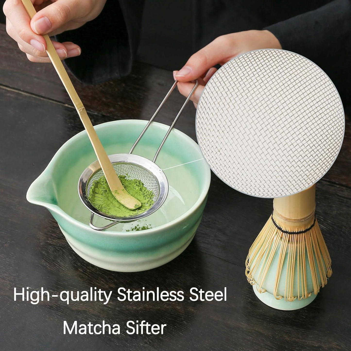 Japanese Matcha Set, Matcha Bowl with Spout, Matcha Whisk and Holder, Bamboo Matcha Scoop and Stainless Steel Sifter - 5 Pcs Gradient Green Matcha Kit for Matcha Lover