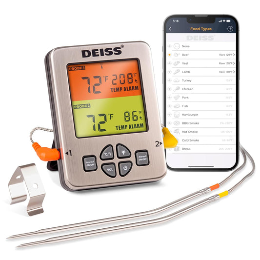 Deiss PRO Bluetooth Meat Thermometer Wireless – Digital Cooking Thermometer with 2 Probes, Oven Thermometer for Smoker Grill BBQ, Wireless Meat Thermometer for Grilling, Kitchen Food