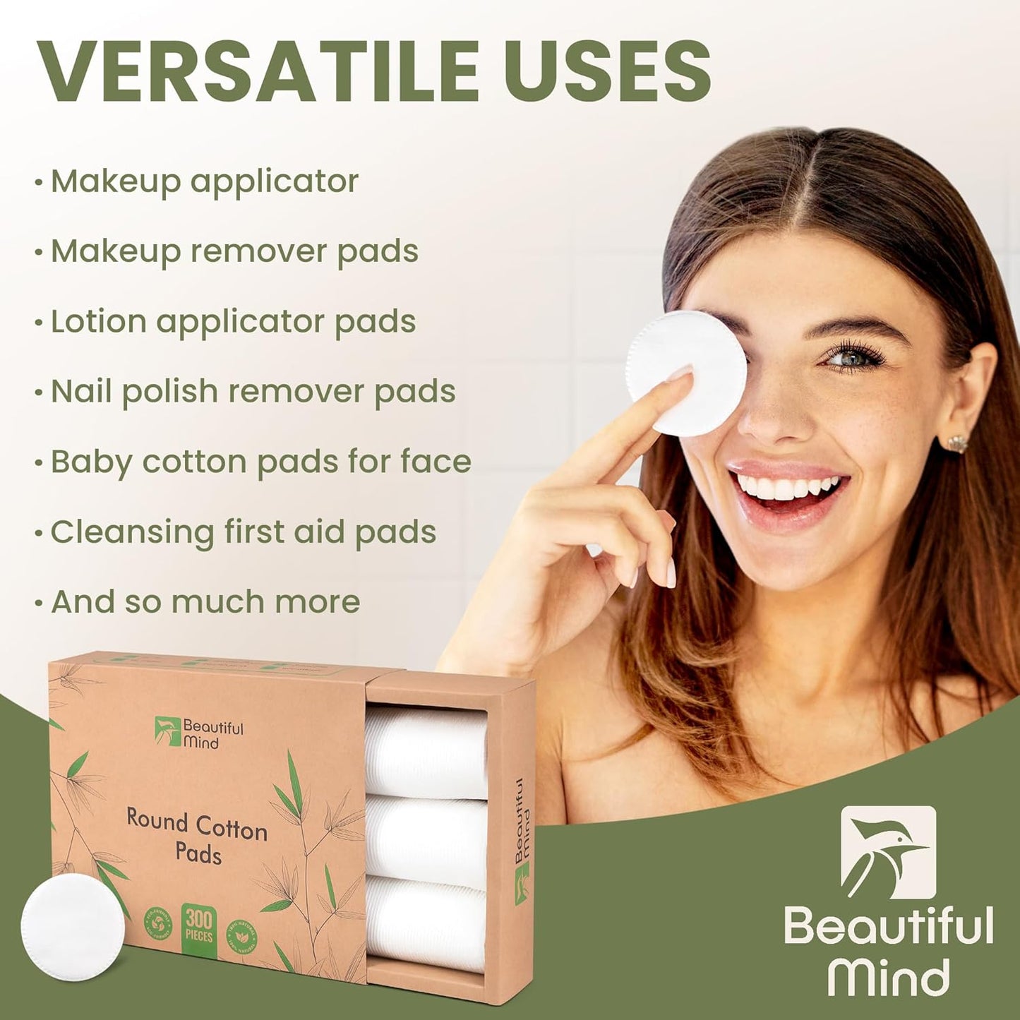 Cotton Round Pads for Face 300 Pack - 3 Layer Eye Makeup and Nail Polish Remover - Lint Free Cleansing Circle Pad for Facial Exfoliating, Toner - Travel Size Skin Care Rounds