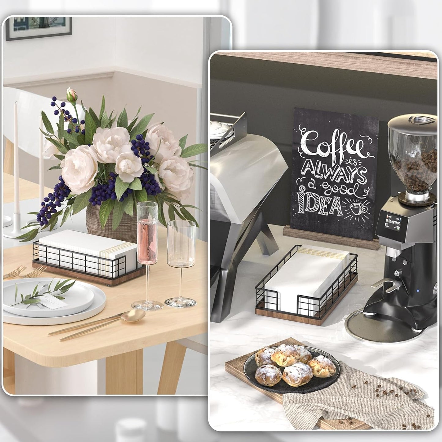 Wican Guest Towel Holder Tray for Bathroom, Oak and Iron Napkins Holder for Powder Room Dinning Table Wooden Basket for Disposable Paper Hand Towels Black & Walnut