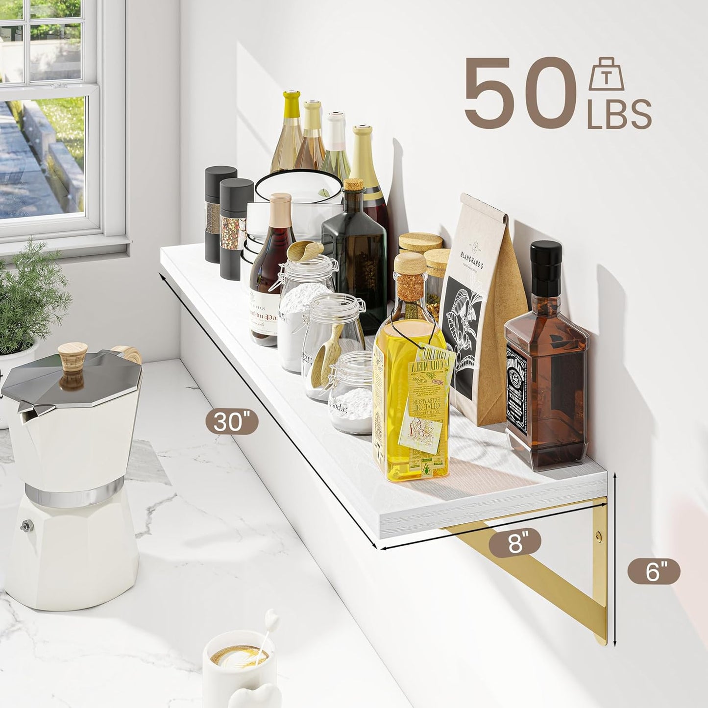 Dreamland Deep Floating Shelves for Wall, 30W x 8D Wall Shelves, Set of 2, 30 inch Floating Shelf with Sturdy Metal Brackets for Living Room, Bathroom, Bedroom and Kitchen, White with Gold Brackets