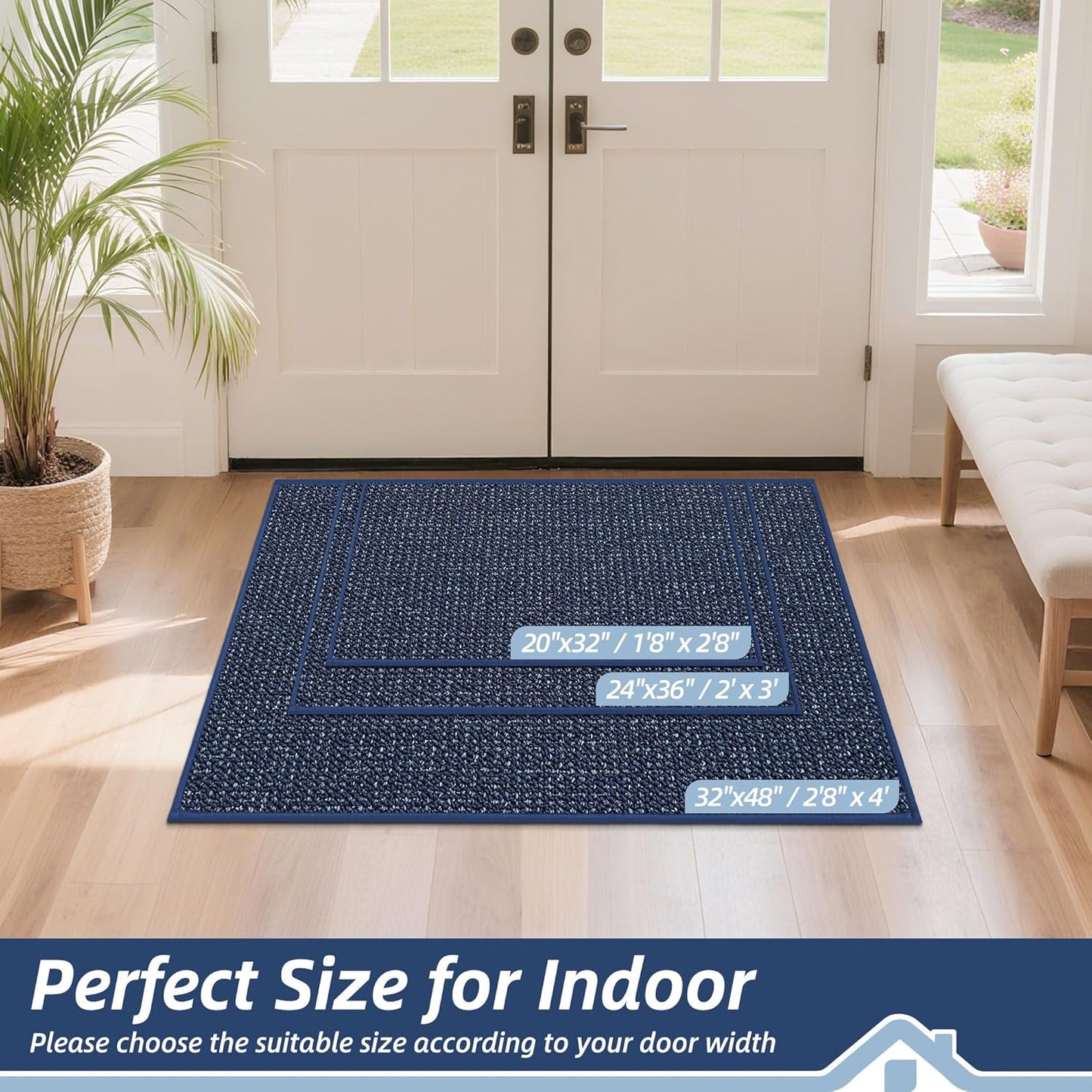 BEQHAUSE Dirt Trapper Door Mat 24" x 36", Non-Slip Washable Doormats Entrance Mat, Dirt Resistant and Absorbent Welcome Mat, Low Profile Floor Mats for Front Back Door and Entryway, Blue