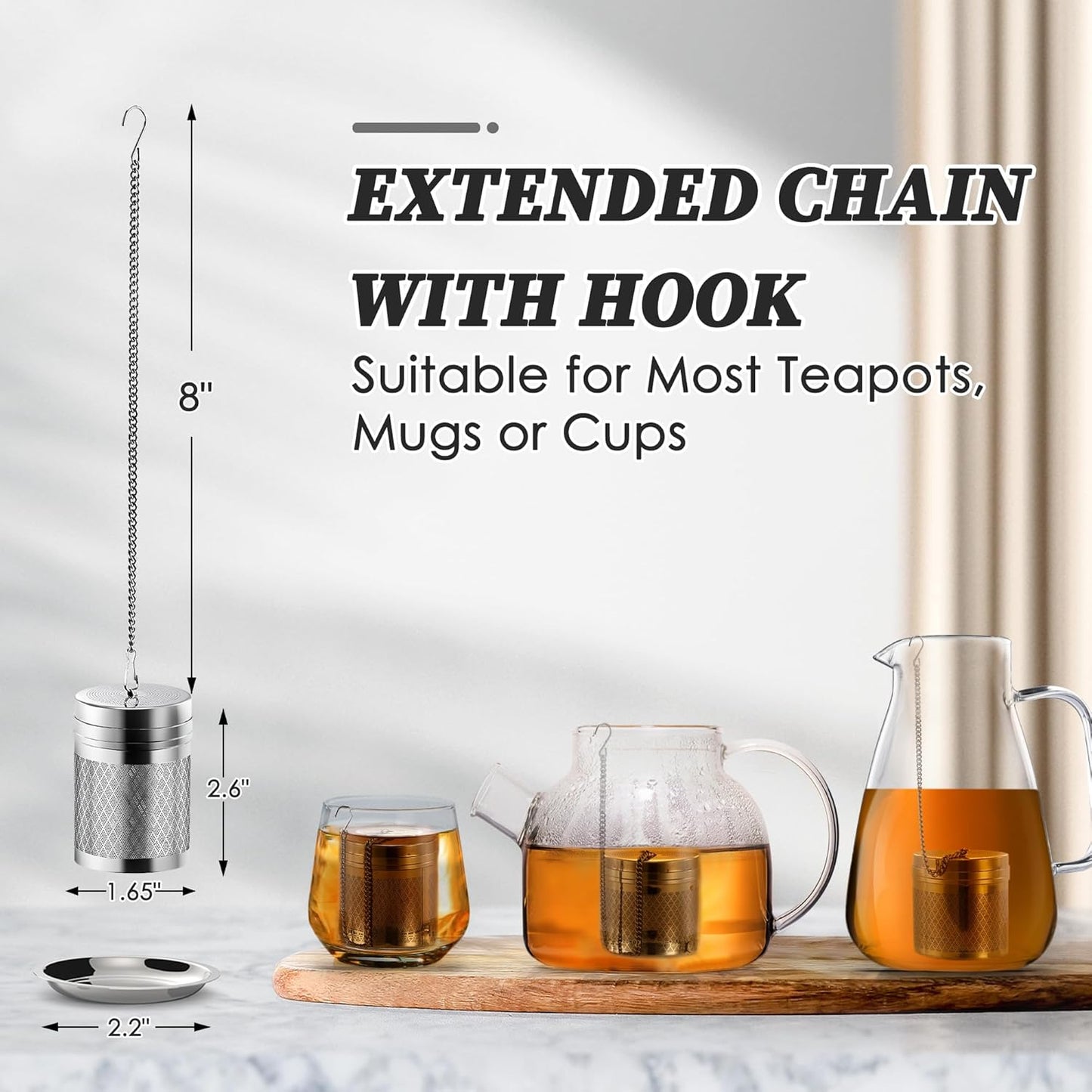 Tea Infusers for Loose Tea, 2 Pack Extra Fine Mesh Tea Strainers, 18/8 Stainless Steel Loose Leaf Tea Steeper Tea Diffusers with Extended Chain Hook and Drip Tray