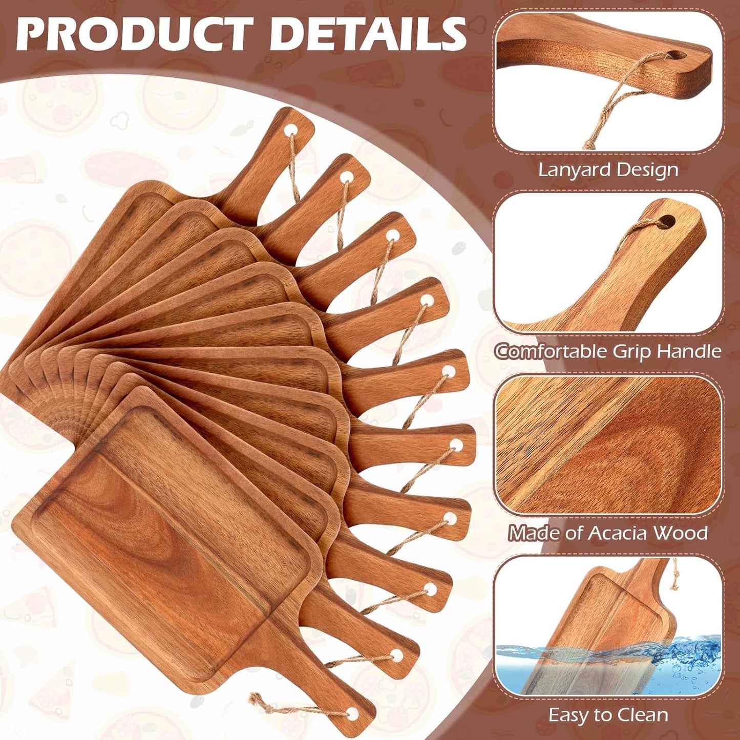 Tanlade 16 Pcs Acacia Wood Cutting Board with Handle Chopping Boards Decorative Charcuterie Platter Pizza Bread Cheese Fruit Serving Tray for Kitchen Counter Table Christmas Decorate(12 x 6 Inch)