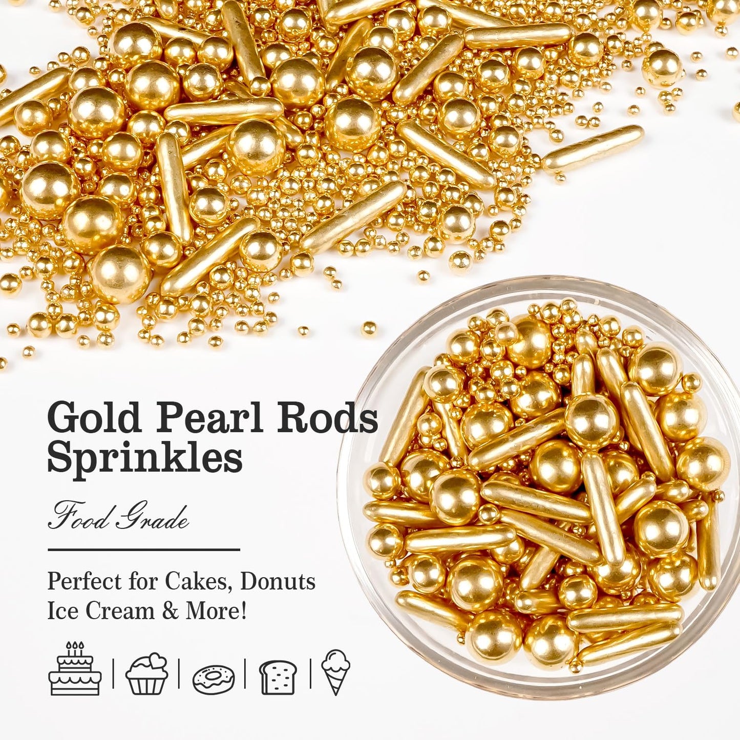 Gold Pearl Rods Sprinkles for Cake Decorating, Edible Sugar Pearls Rods Candy, 150g/5.29oz, Mix Size Cake Topper Donuts Cupcake Cookie Dessert Decorations, Holiday, Wedding Party, Easter Supplies