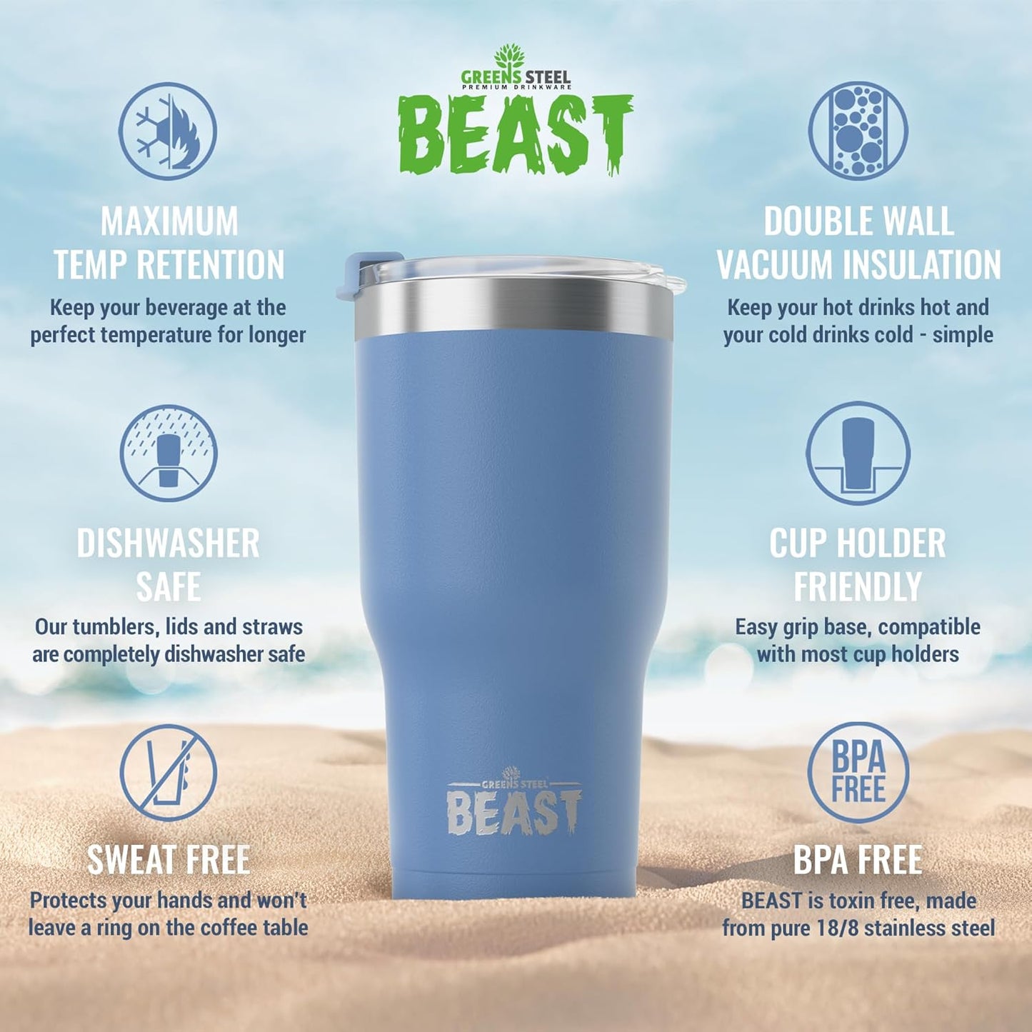 Beast 40 oz Tumbler Stainless Steel Vacuum Insulated Coffee Ice Cup Double Wall Travel Flask (Stormy Sky Blue)