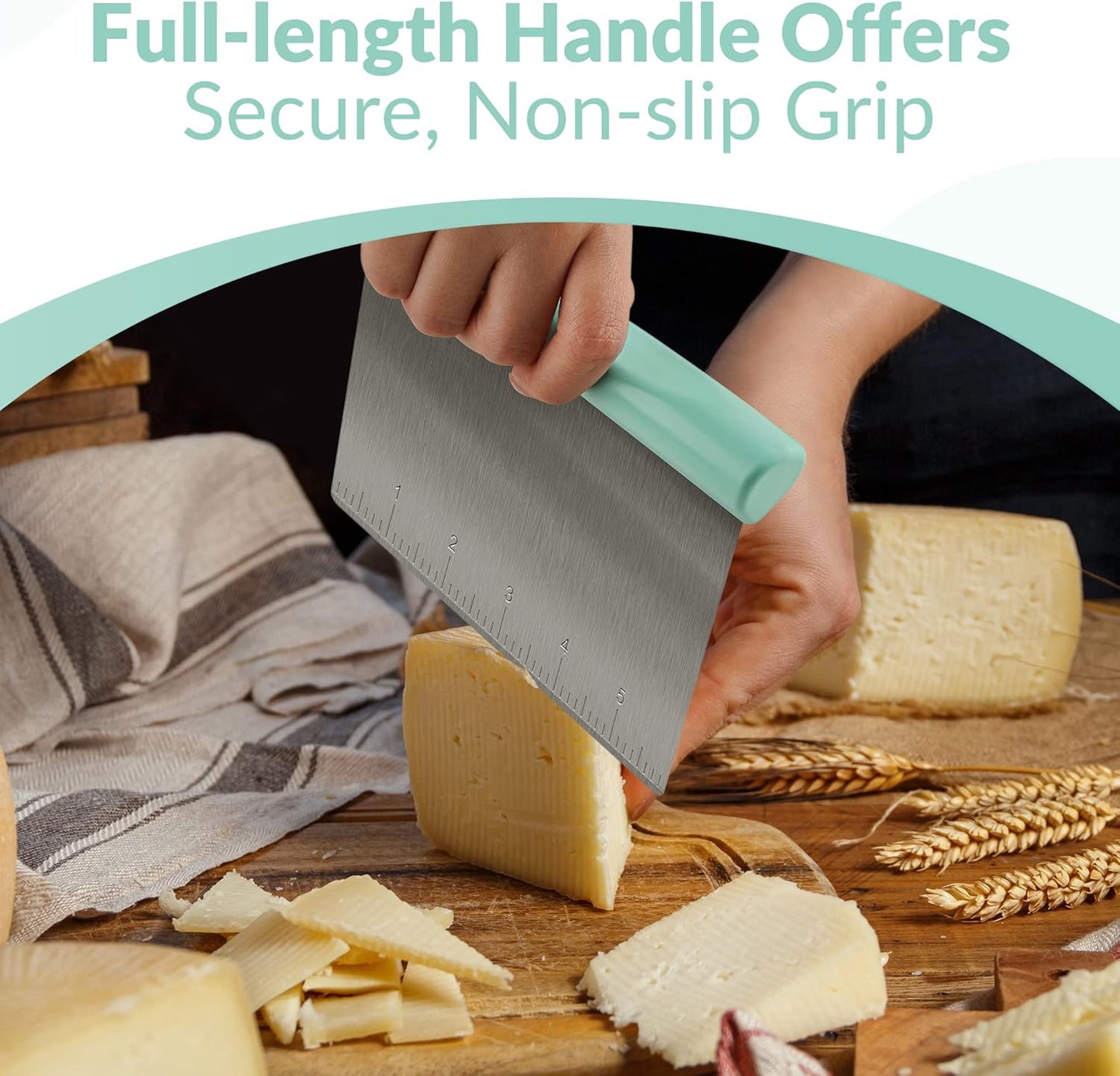 Rainspire Bench Scraper, Stainless Steel Dough Scraper, Pastry Scraper, Pizza and Dough Cutter Multi-Purpose Scraper/Chopper, Pizza Cutter Food Chopper Baking Supplies Kitchen Gadgets, Mint Green