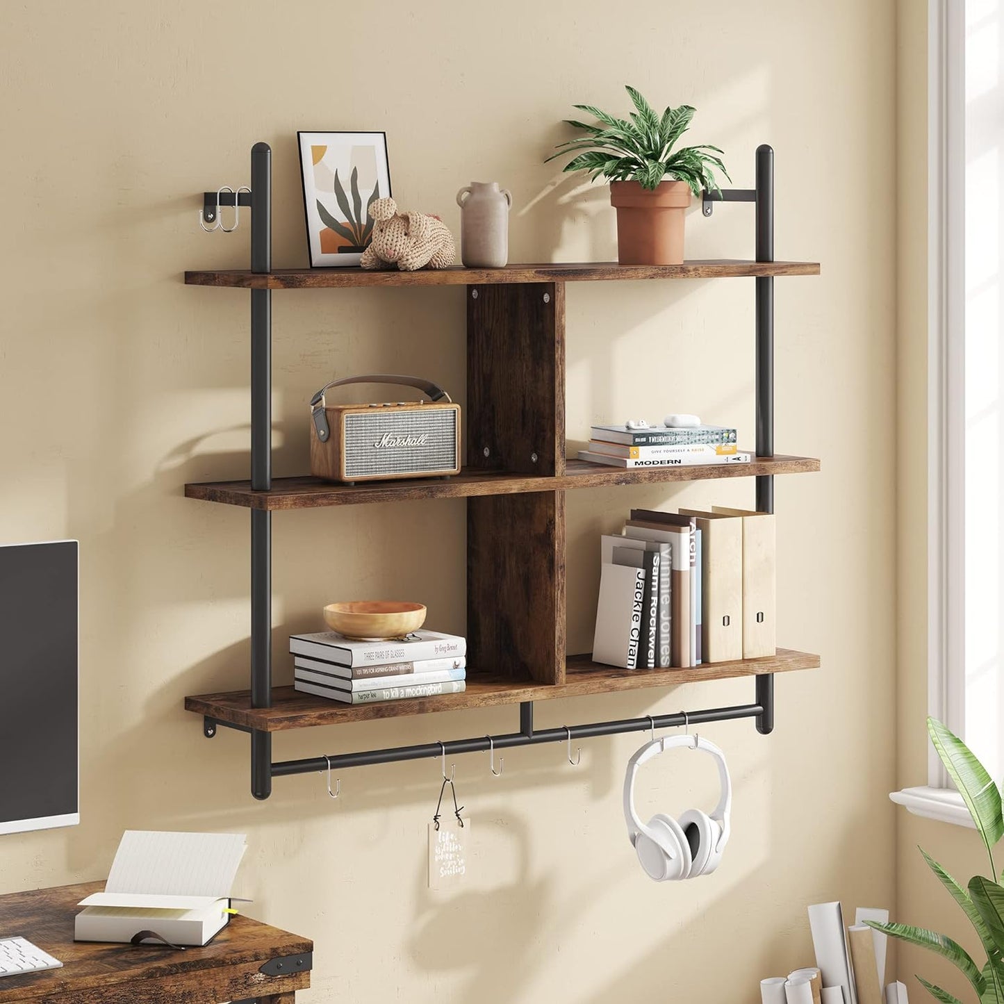 Bestier Floating Pipe Shelving Kitchen Shelves Wall Mounted 3 Tier 41.5" Ladder Coffee Bar Shelf Hanging with Circular Tube, Display Bookshelf Storage for Living Room Kitchen, Rustic Brown