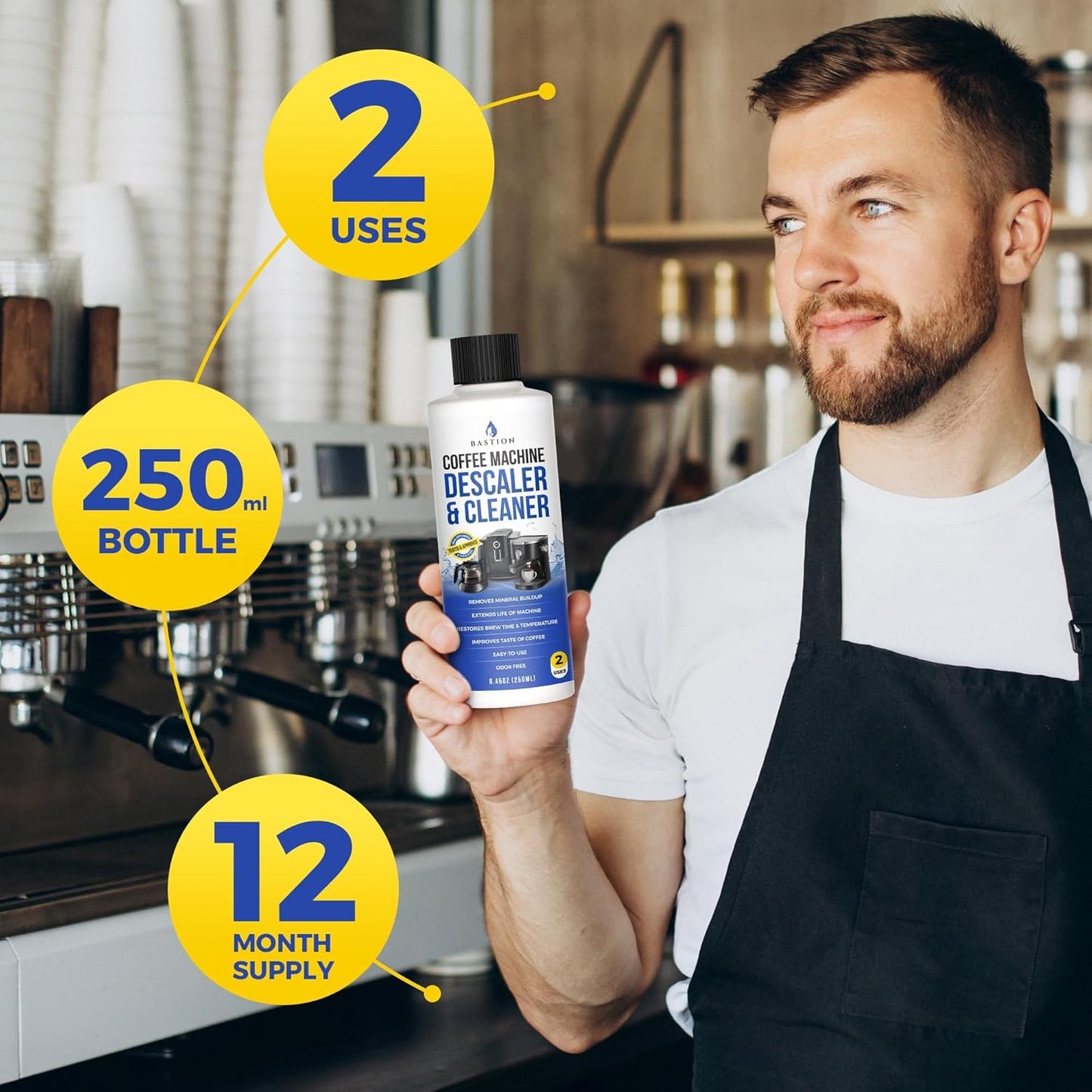 Bastion Coffee Machine Descaler & Cleaner - 4 Uses. (2 Bottles) Universal Descaling Solution Compatible with Keurig, Nespresso, Delonghi and All Single Use Coffee and Espresso Machines